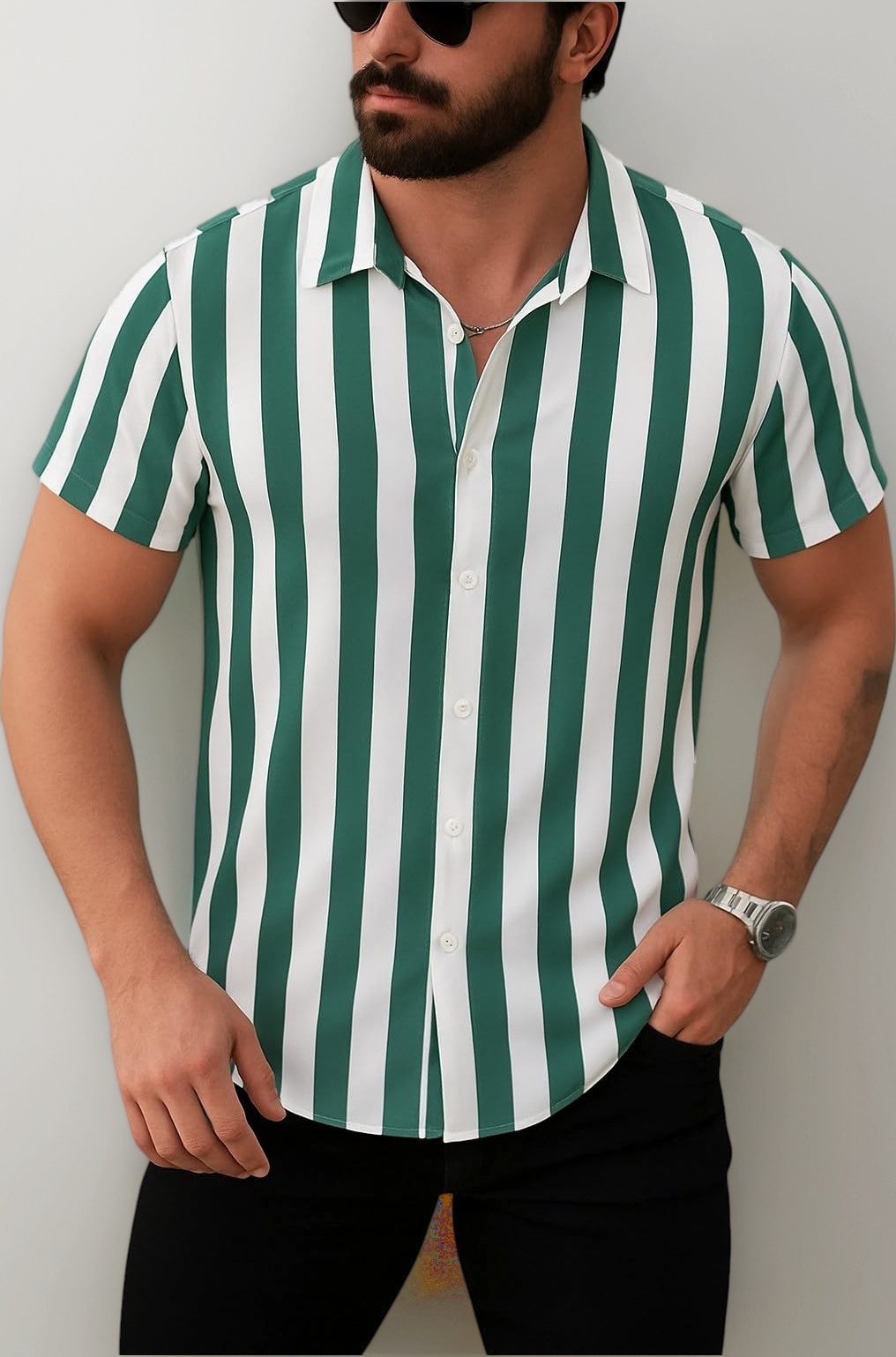 Men's Casual Short Sleeve Vertical Striped Button Down Shirt - Multi Summer Beach Slim Fit Fashion Shirt for Party, Vacation, Streetwear