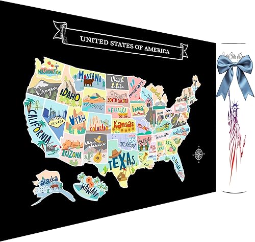 Miniatura 9 de Mapa Grande de Estados Unidos de 23x16 Pulgadas para Rascar - Diseño de Viaje Dibujado a Mano con Accesorios, Laminado para Decoración del Hogar -