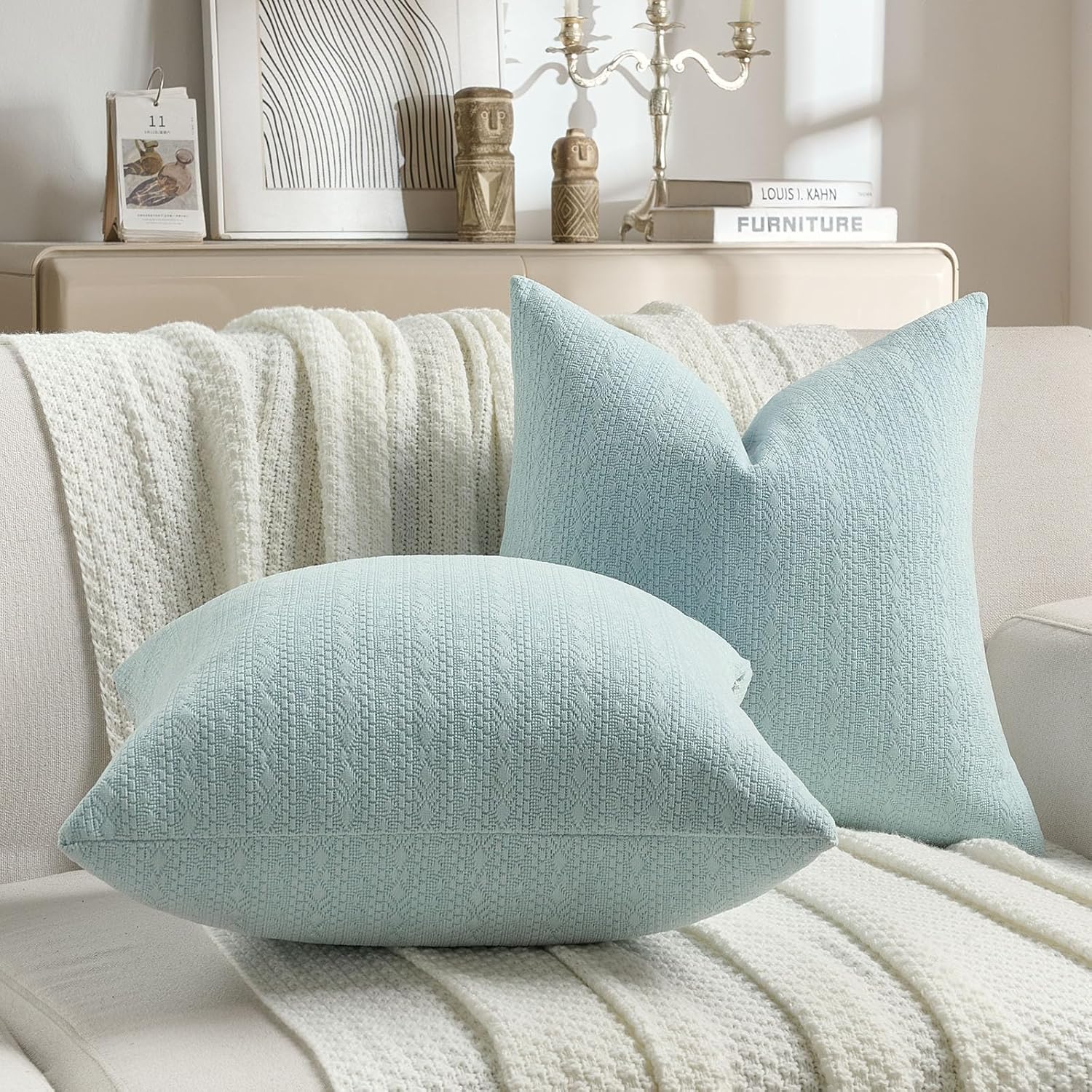 FUTEI Light Blue Chenille Throw Pillow Covers 26x26 Inch Set of 2,Soft Striped & Diamond Textured Euro Pillow Shams,Modern Home Decor for Couch Living Room