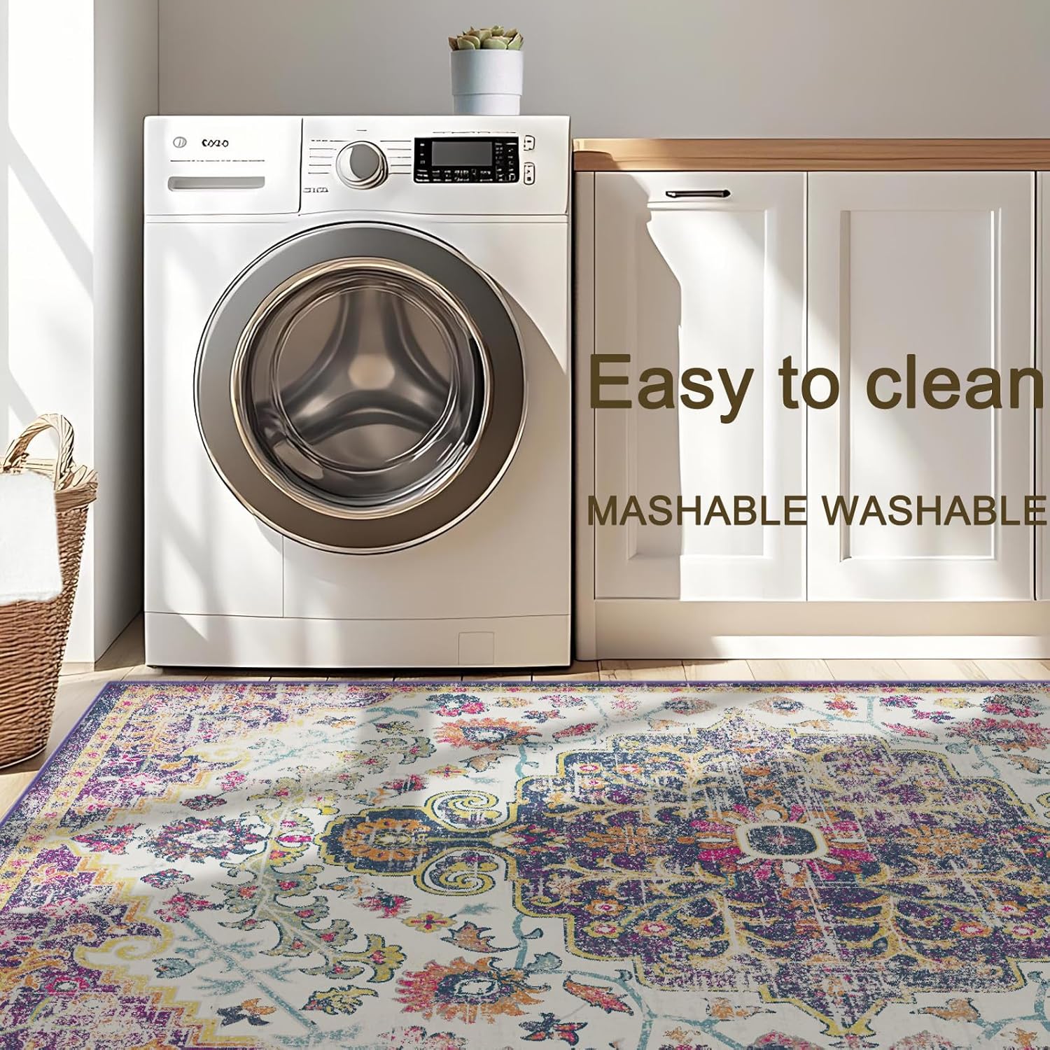 Washable Area Rug 8x10, Large Soft Rugs for Living Room Vintage Beige Carpet 8x10 Area Rugs for Bedroom Dining Room Non-Slip Stain Resistant Under Table Rug