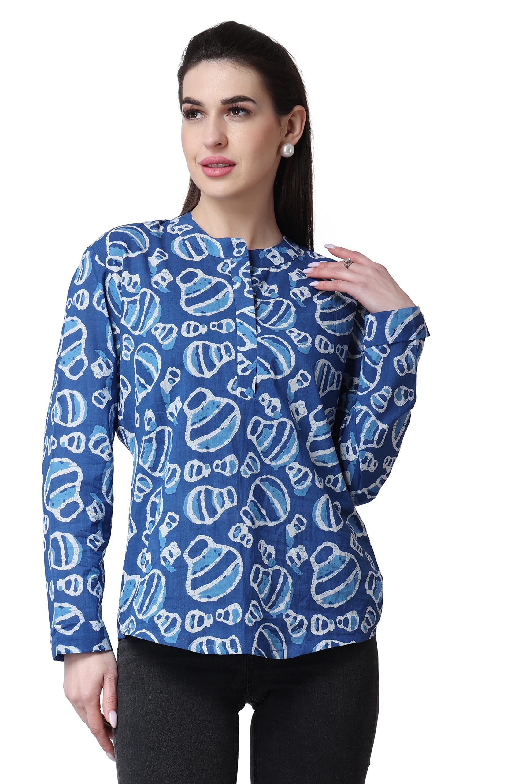 Popwings Casual Pure Cotton Bagru Ethnic Print Women Short Kurta Indigo Blue