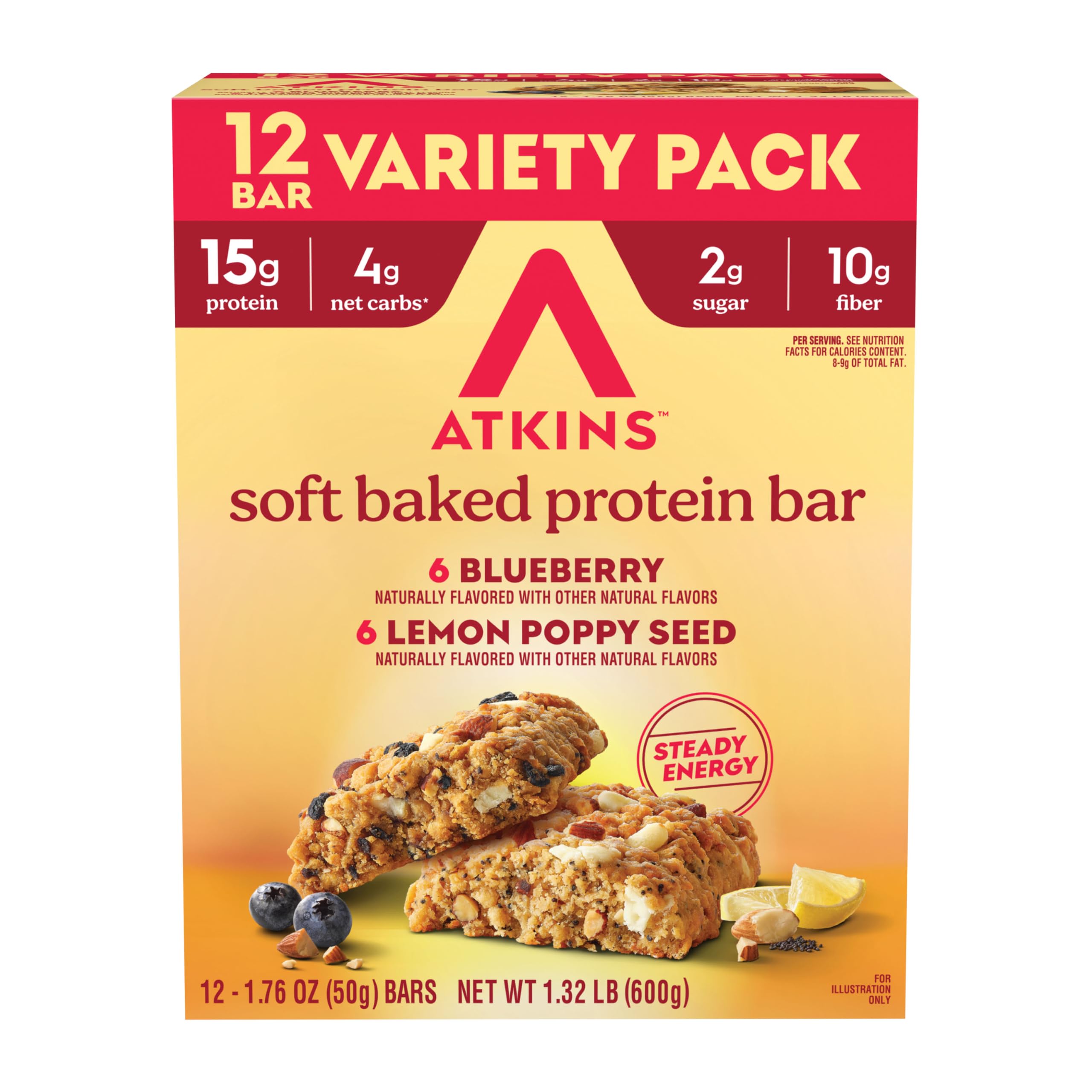 Atkins Soft Baked High Protein Bars, Lemon Poppyseed & Blueberry Flavors, 15g Protein, 4g Net Carbs, 2g Sugar, Keto Snacks, Low Sugar Protein Bars, High Fiber Snacks, 12 pk (6 bars each flavor)