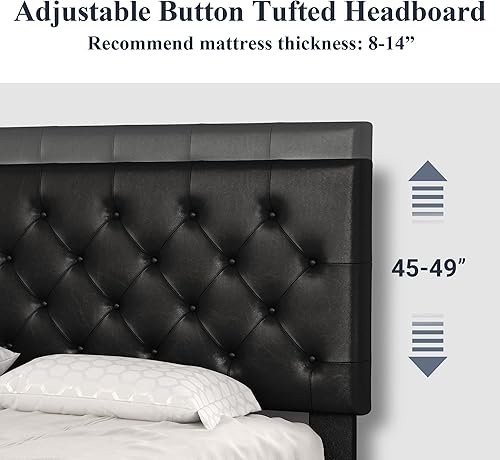 Miniatura 3 de Allewie Base de cama matrimonial con cabecera ajustable con botones cosidos de diamante, tapizada de piel sintética con listones de madera de fácil