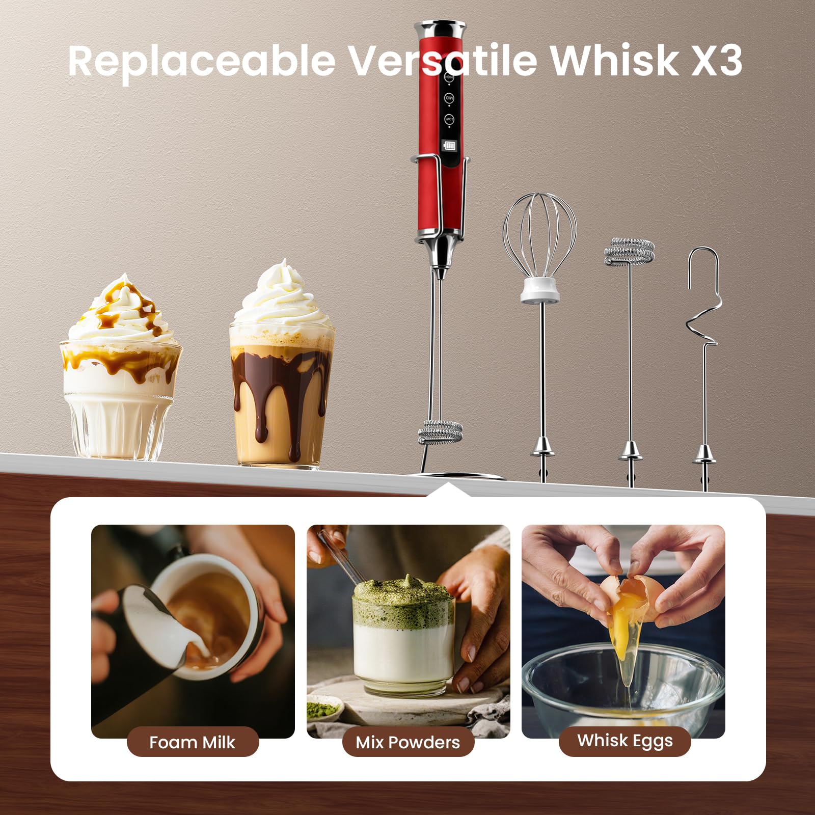YUSWKO Varita espumadora de leche roja para café con soporte, espumador de café de mano, mezclador de bebidas recargable, batidor eléctrico impermeable
