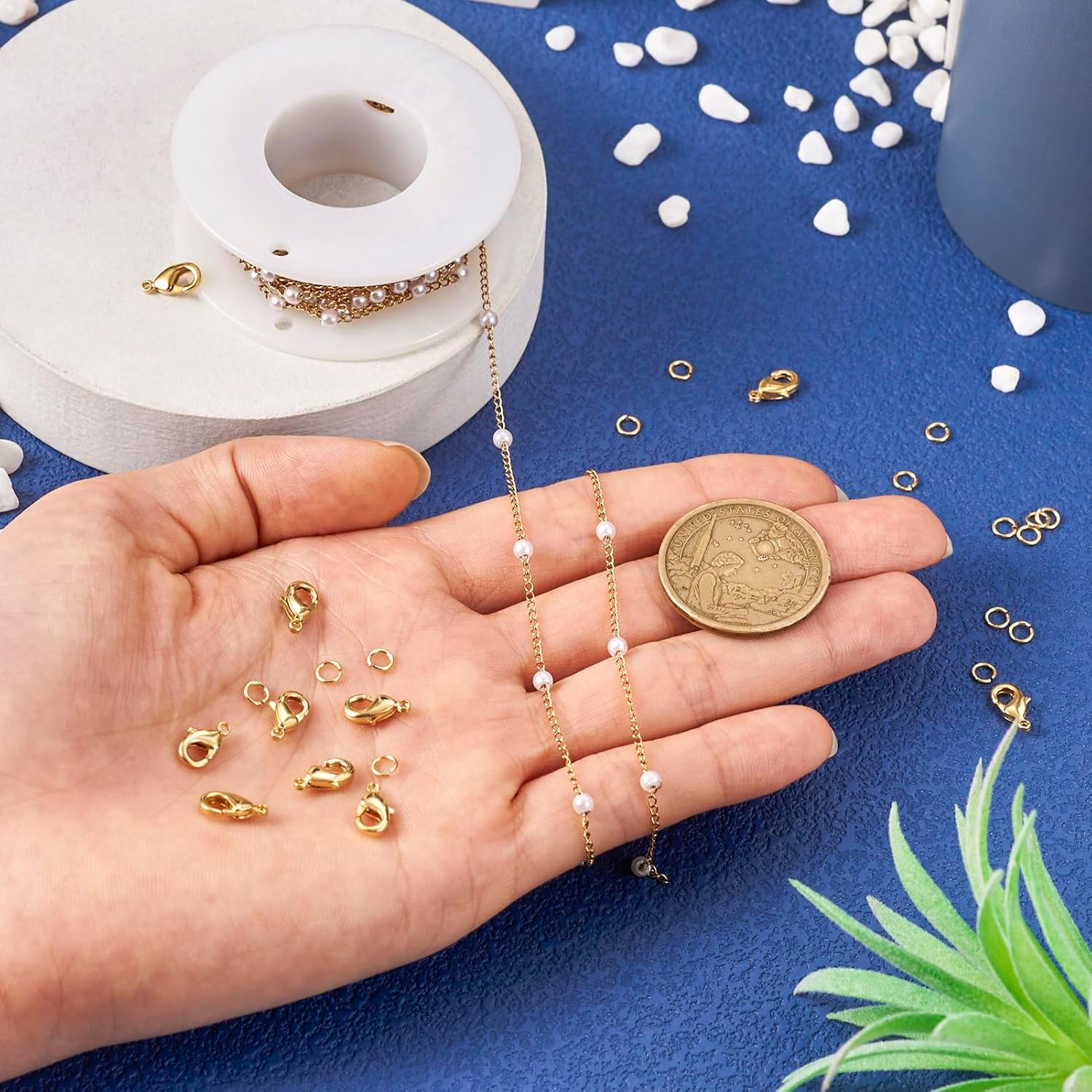 Pandahall 14K Gold Plated Stainless Steel Chains 16.4 Feet Pearl Beaded Necklace Chains for Jewelry Making & Golden Lobster Claw Clasps Open Jump Ring for Men Women DIY Jewelry Making Bracelet - Image 7