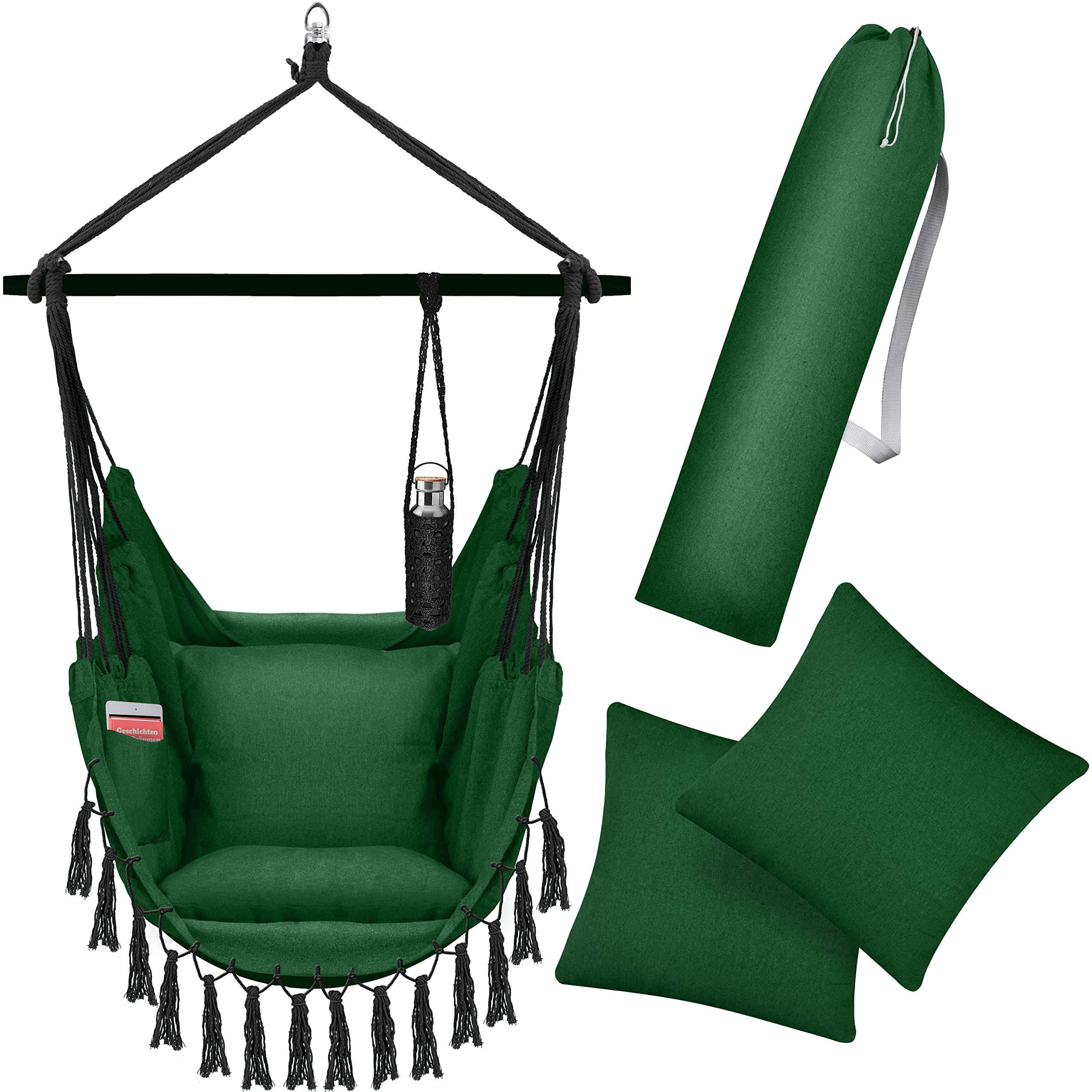 KESSER® Poltrona sospesa con 2 cuscini Portabevande e scomparto per libri - Sedia sospesa Safari XXL per adulti e bambini, Amaca con capacità di carico fino a 150 kg, interni ed esterni