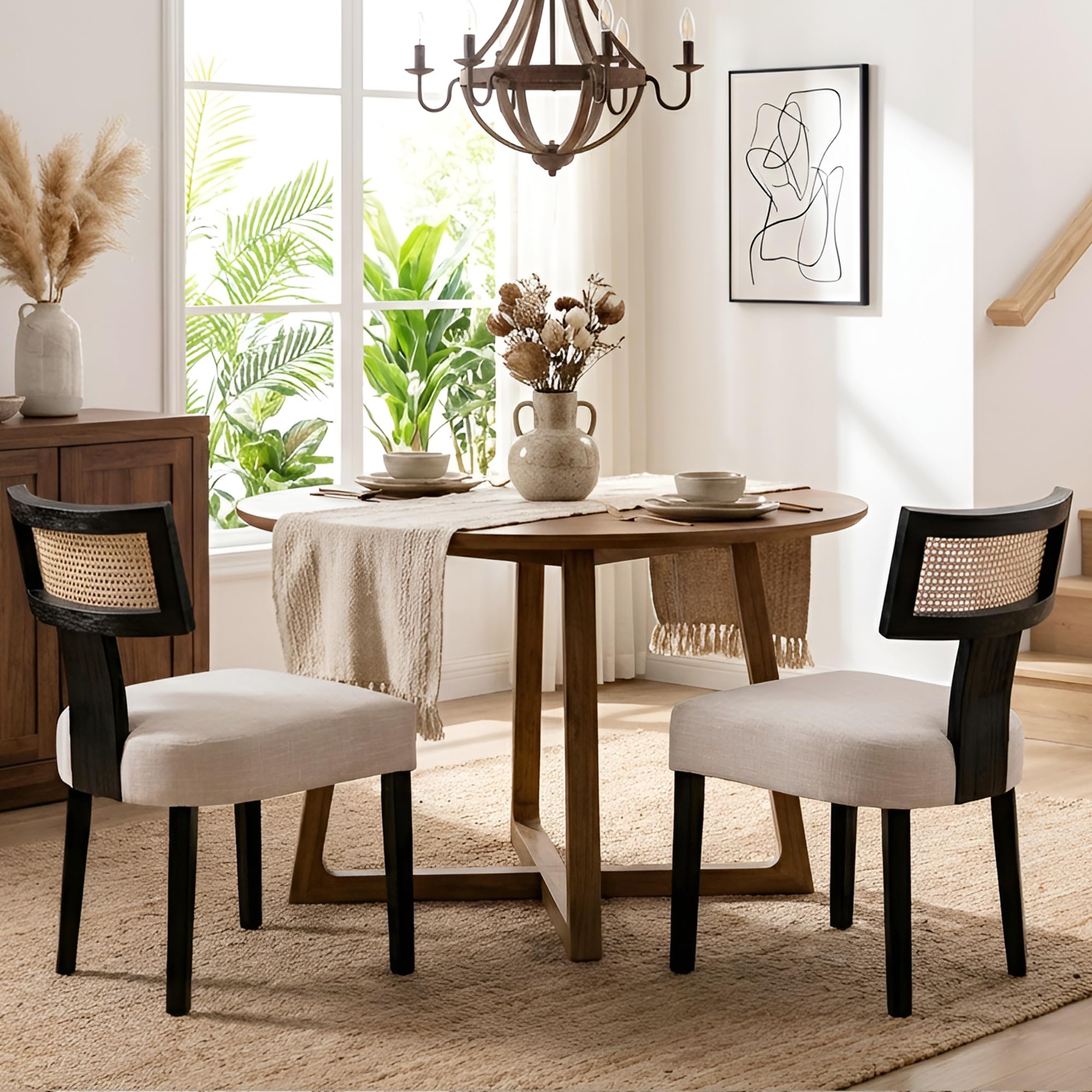 HNY Mid Century Modern Rattan Dining Chairs Set of 2, Farmhouse Linen Upholstered Accent Chair Curved Backrest Kitchen Chairs, with Black Hardwood Frame, Beige