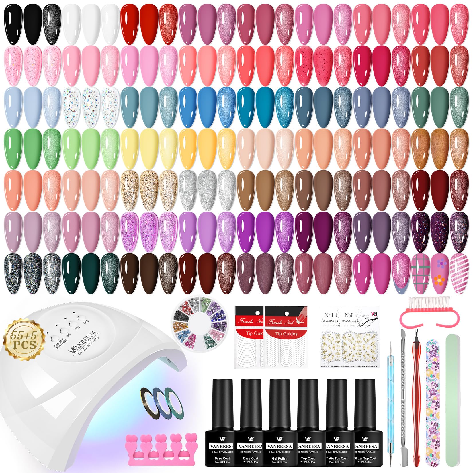 VANREESA 55 Colores Kit Uñas Semipermanentes, Uñas Semipermanentes Kit Completo 77PZ con Top Base Mate Purpurina Coat Lampara UV Uñas 48W y Herramientas para Manicura, Regalo para Mujeres