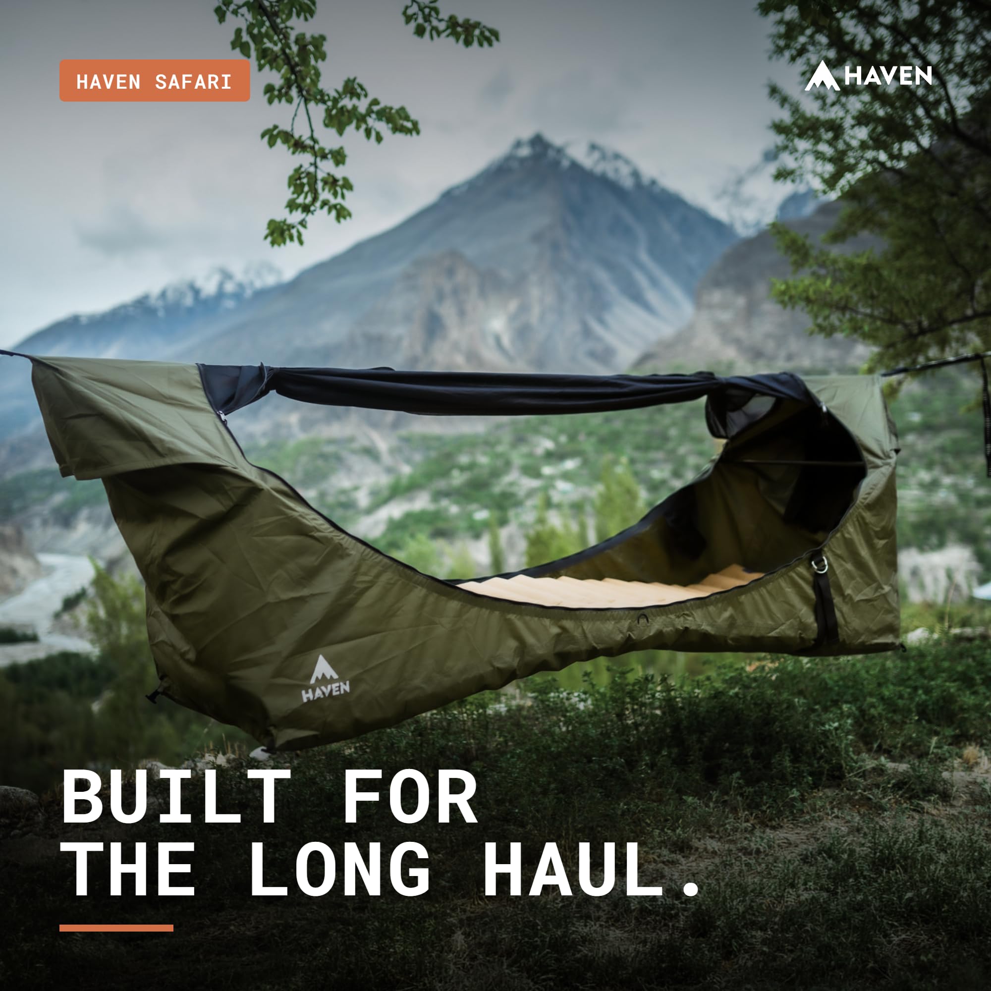 Haven Safari Lay-Flat Hängemattenzelt (Canopy Green) - Robustes Segeltuch-Hängemattenzelt für Camping - Inklusive dickem isoliertem Pad, XL-Regenfliege & Insektennetz (Glamping Hängematte)