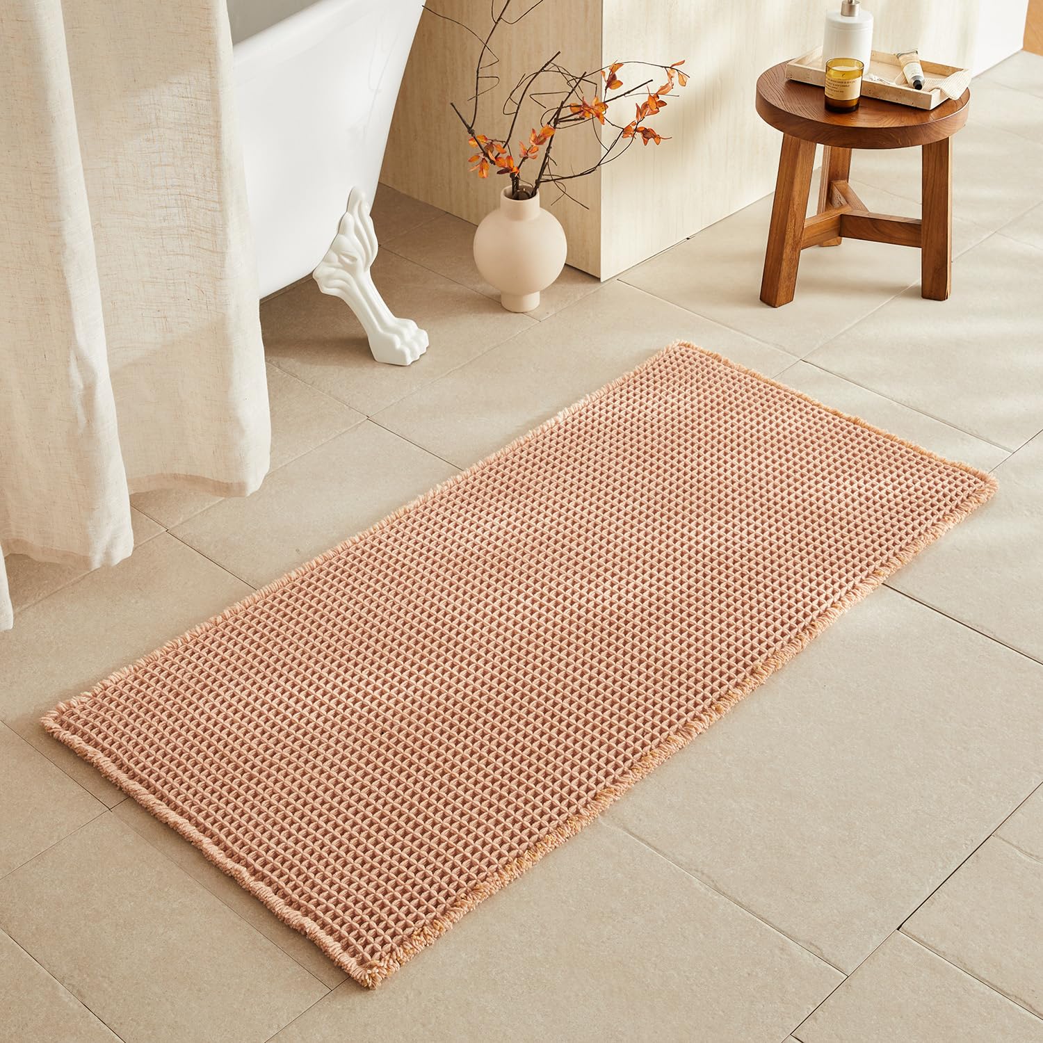 TYUU Waffle Bath Mat, Boho Bathroom Rugs Non Slip Washable Super Absorbent Quick Dry Bath Mat Farmhouse Bathroom Decor, 48"x24" Light Peach
