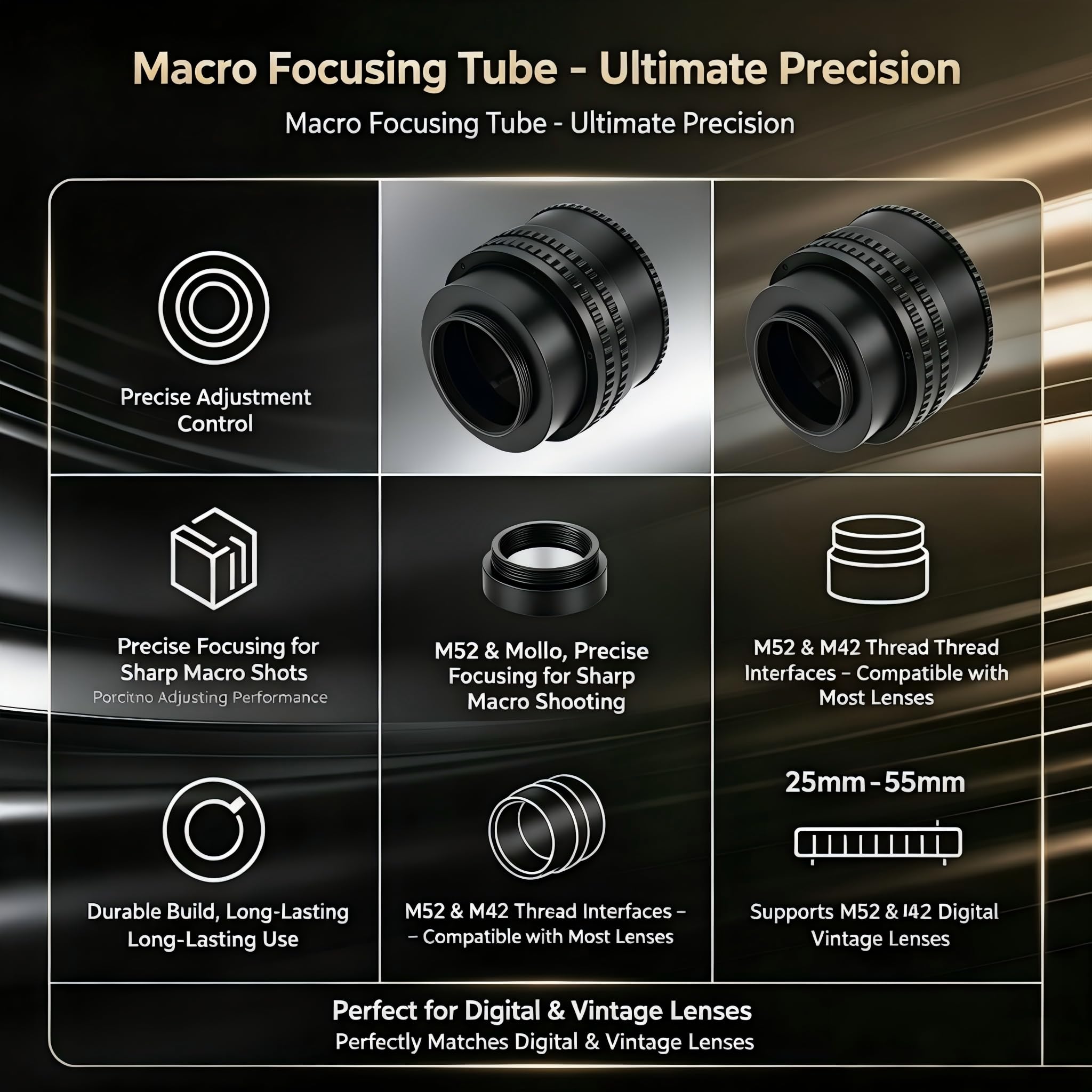 Kamera Fokussier Helicoid AdapterM52 auf M42 Einstellbarer Fokussierungs Helikoid Adapter 25-55mm Längenverstellbarer Fokussier Helicoid Ring Makro-Verlängerungsrohr für Makrofotografie