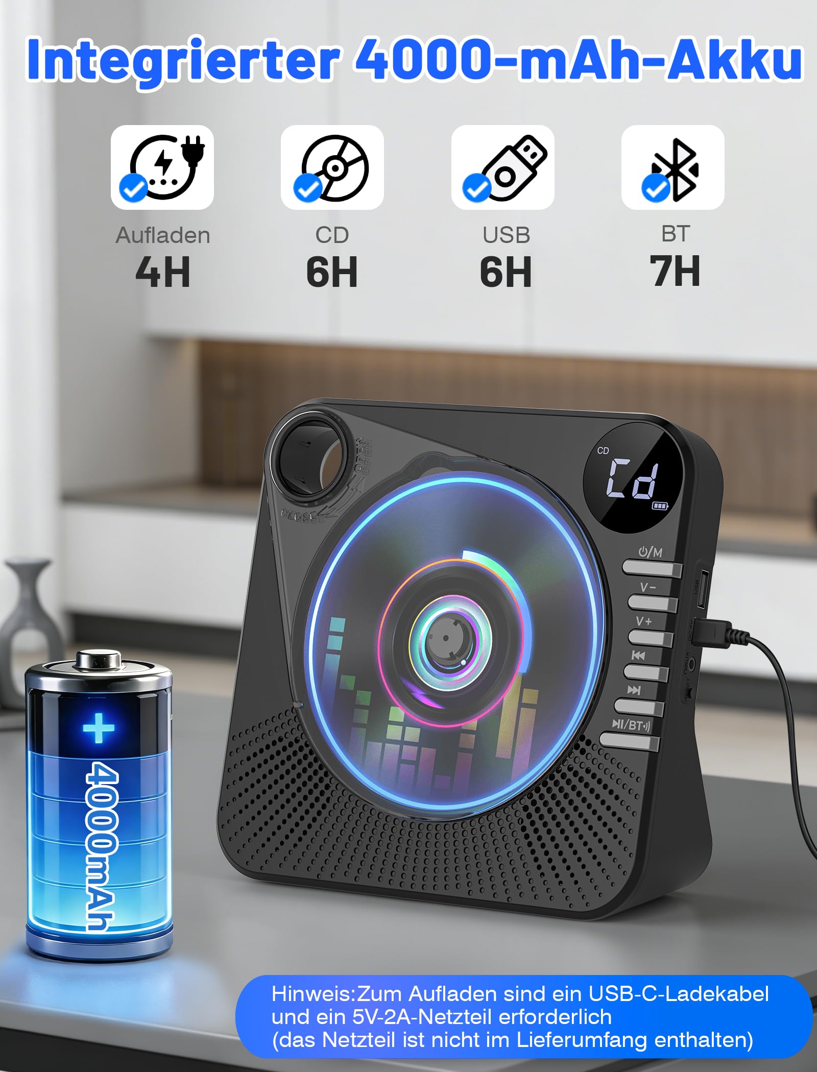 Lecteur CD portable 4000 mAh rechargeable Bluetooth 5.1 avec haut-parleurs