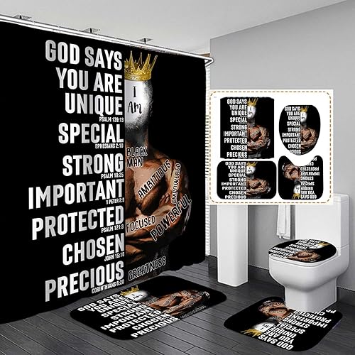 Jayden Madge Juego de 4 cortinas de ducha de hombre negro, citas inspiradoras positivas, pintura King Crown moderna, decoración de baño