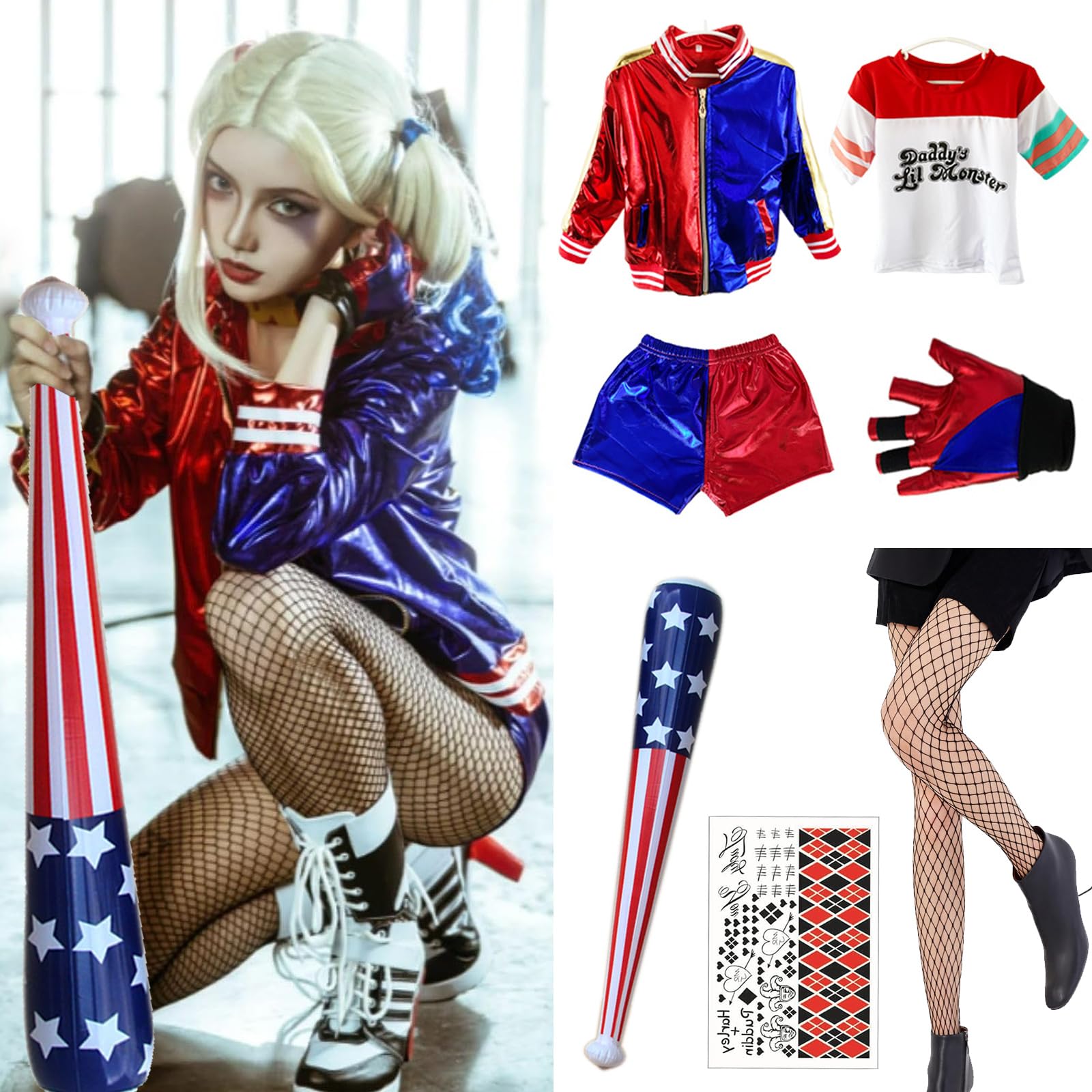 DAZZTIME Disfraz Niña,Disfraces Cosplay para niñas,Disfraz con Camiseta,Chaqueta,Pantalón,Guantes, para Halloween Carnaval Navidad Cosplay de Payaso.