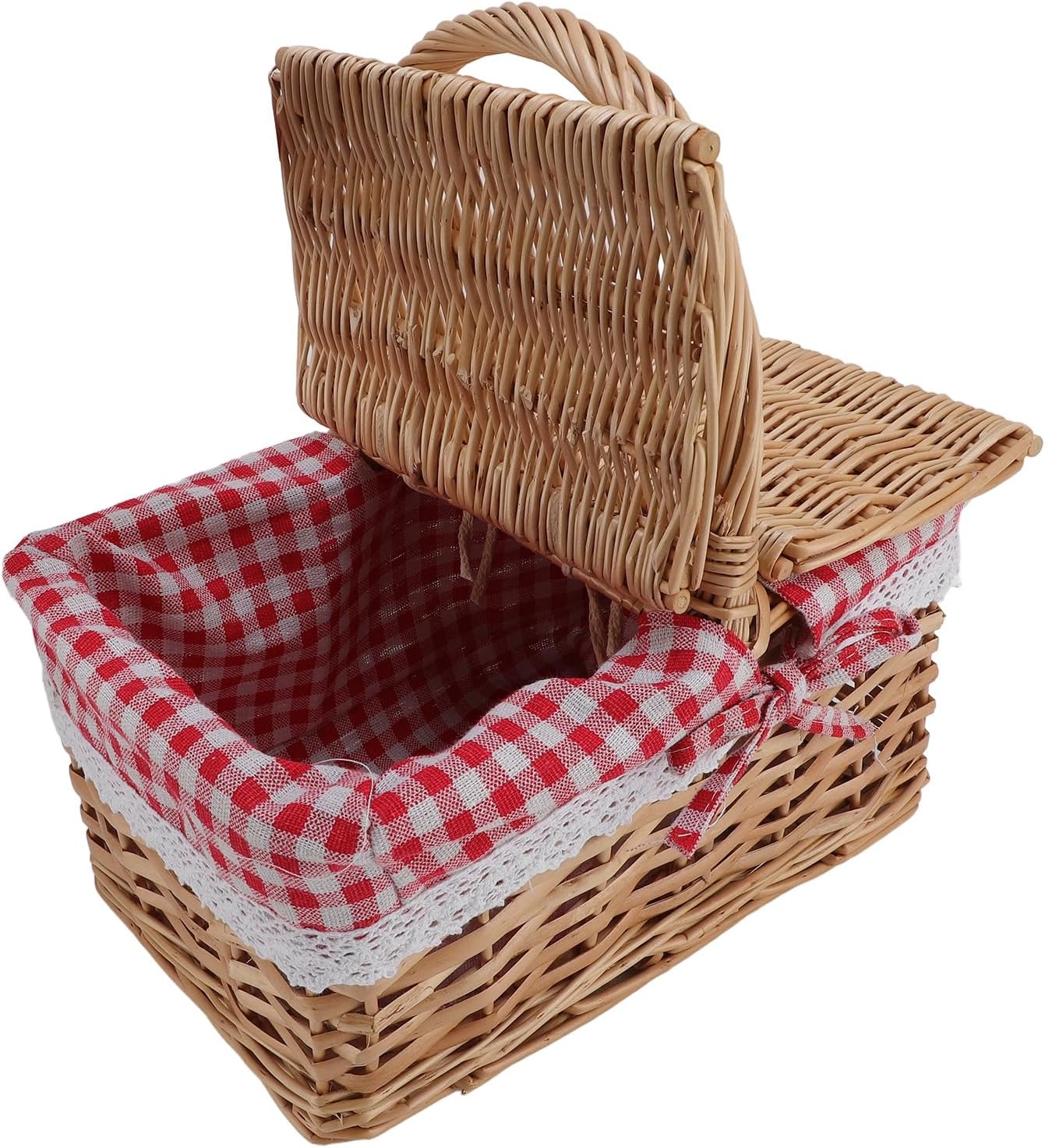 Wicker Picnic Basket Elegant Dual Lid Design for Storage and Retrieval Suitable for Picnics and Family Gatherings Linen Cotton Material (Red Plaid)
