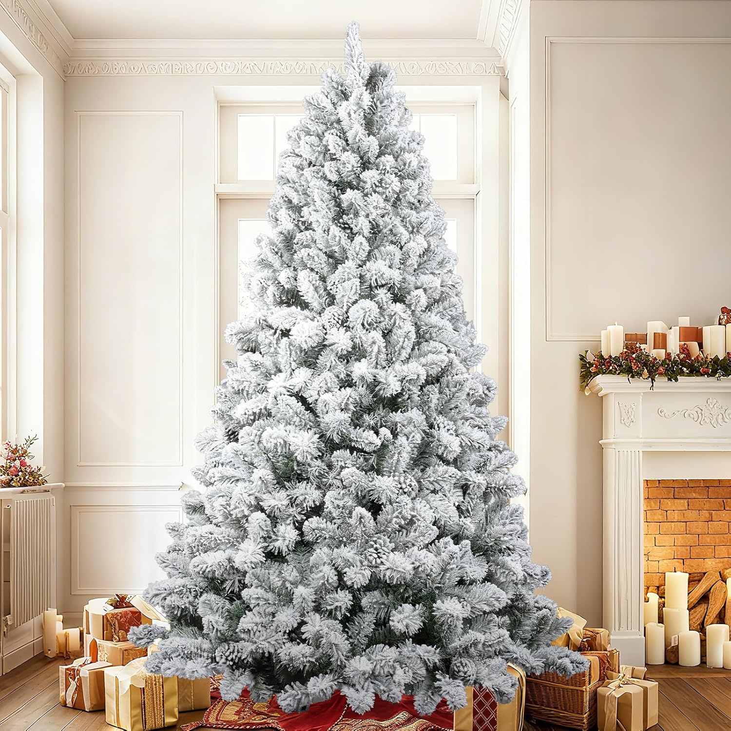 5FT Snow Flocked Artificial Christmas Tree,Full White Christmas Tree with 1300 Premium PVC Branches, Xmas Tree with Sturdy Metal Stand for Home, Shops, Party Decoration