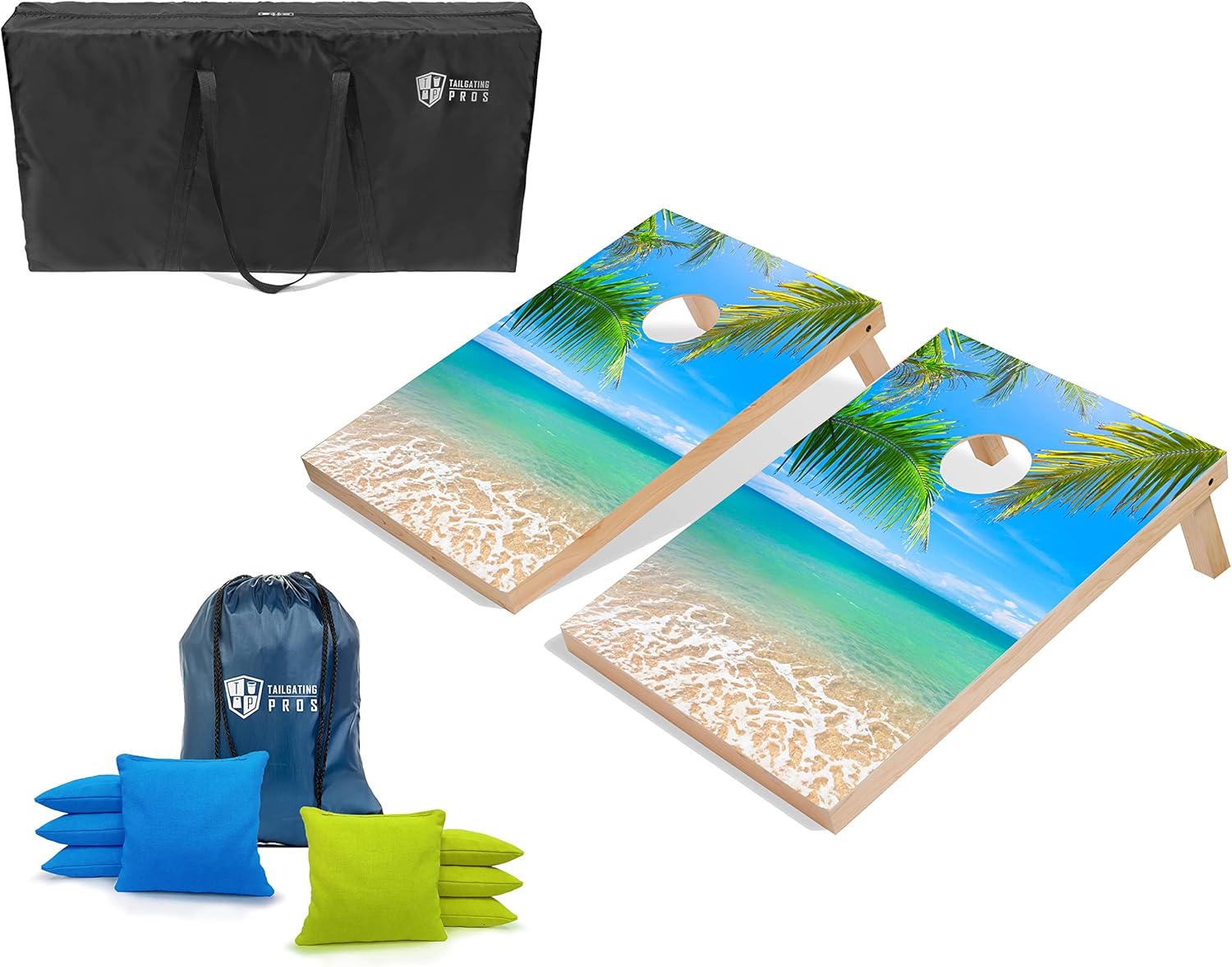 Tailgating Pros Cornhole Board Set w/Bean Bags & Carrying Case -3'x2' Cornhole Game-Optional Ring Lights