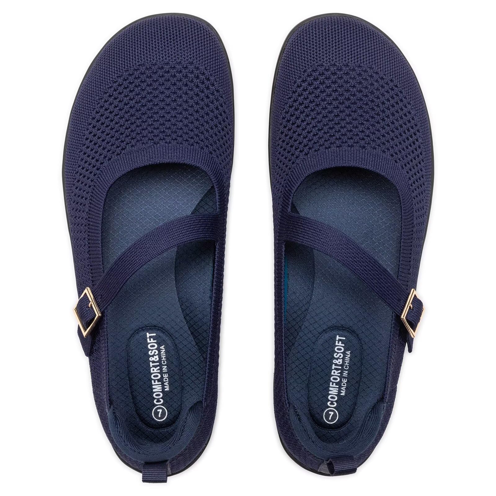 Frank Mully Bailarinas de mujer de talla grande Mary Jane para mujer, cómodas zapatillas de punto con puntera ancha y correas ajustables