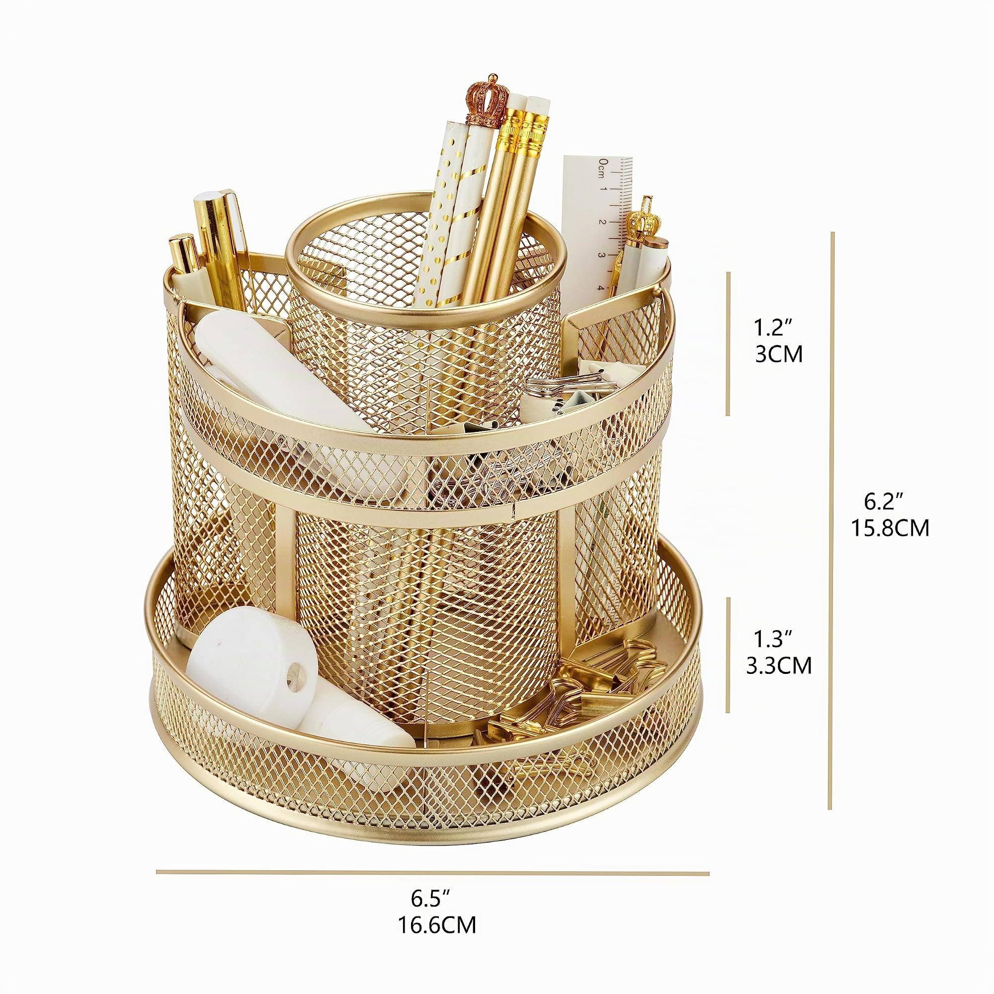 Annova Organiseur de bureau rotatif en maille avec 5 compartiments ronds pour bonbons/stylos, accessoires de bureau, fournitures artistiques, rangement, salle de classe, maison (Gold)