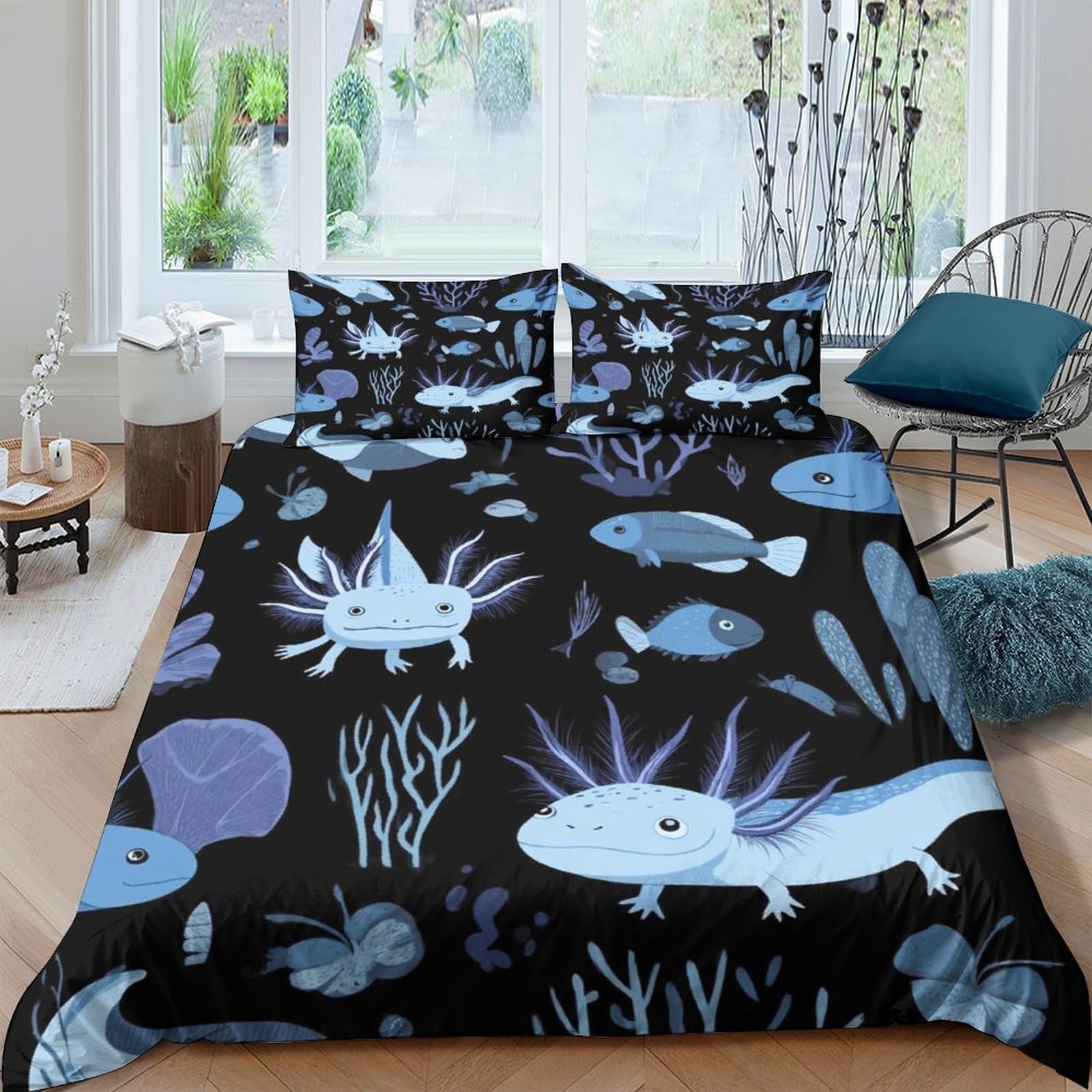 TUFRTGYHN 3D Printed Axolotl Fish Duvet Cover Black Microfiber Soft Bedding Set Coral Reef Theme with 2 Pillowcases for Bedroom Home Single（135x200cm）