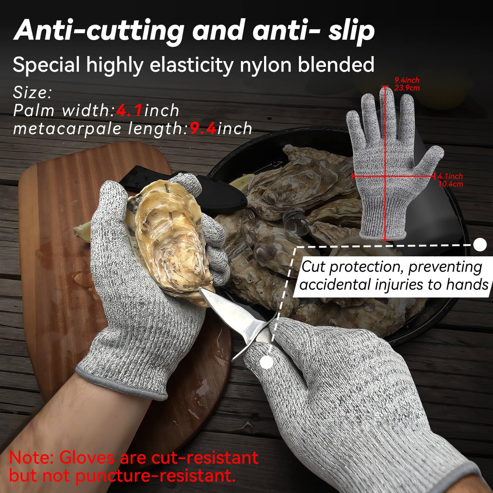 Cuchillo para desmenuzar ostras, cuchillo de ostra, resistente afilado, kit de desmontaje de ostras con mango de madera cómodo, juego de cuchillo y guantes de ostra con protección de 5 niveles, guante