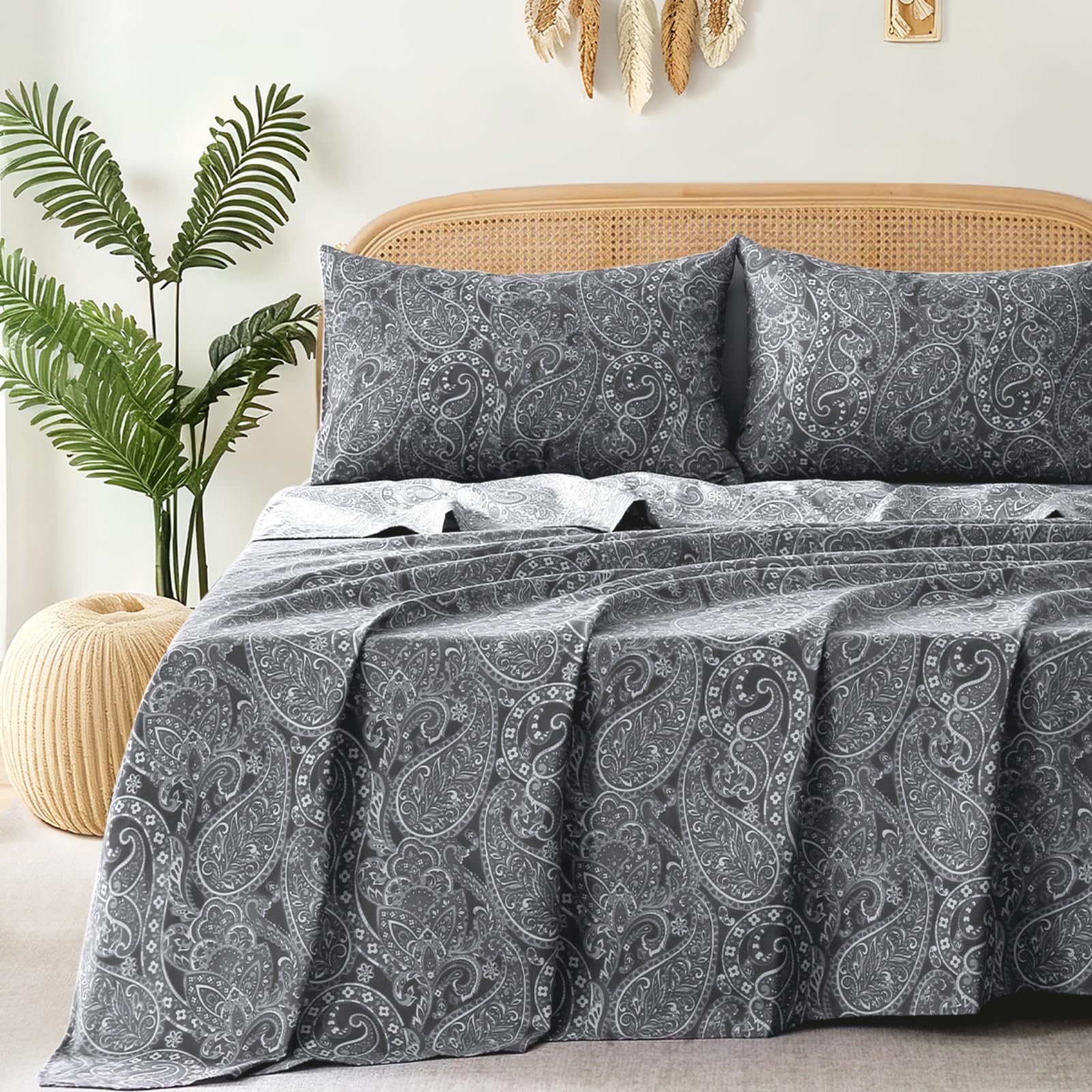 Queen Size Bed Sheets 4 Piece Floral Pattern Sheets Queen 17 Deep Pocket Sheets Grey Paisley