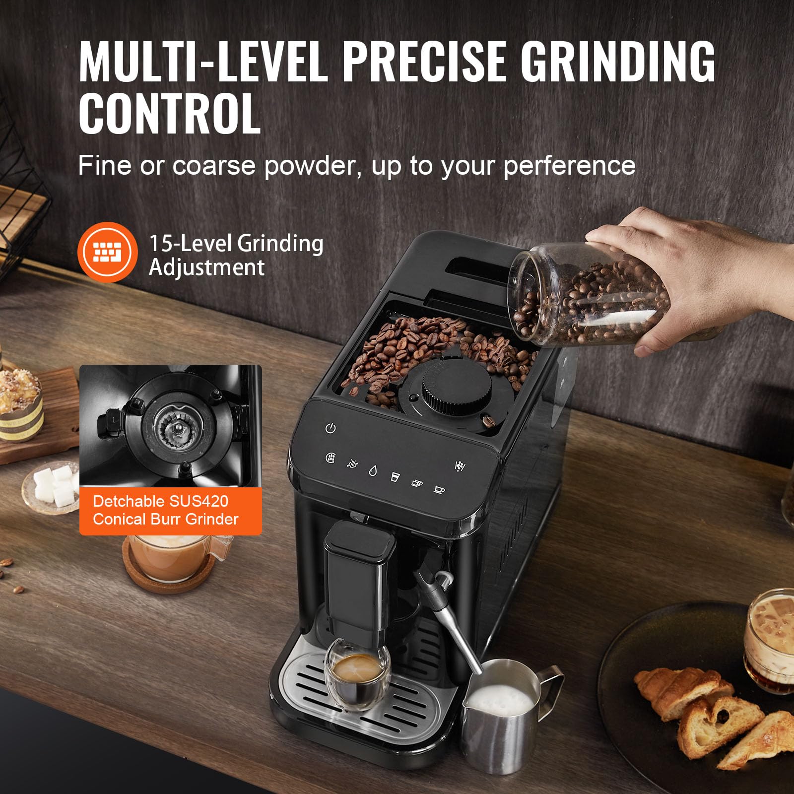 VEVOR Macchina per caffè espresso automatica, Macchina per caffè con lancia vapore, Macinacaffè impostazioni di macinatura a 15 livelli, Macchina per caffè espresso serbatoio dell'acqua 1,5 litri