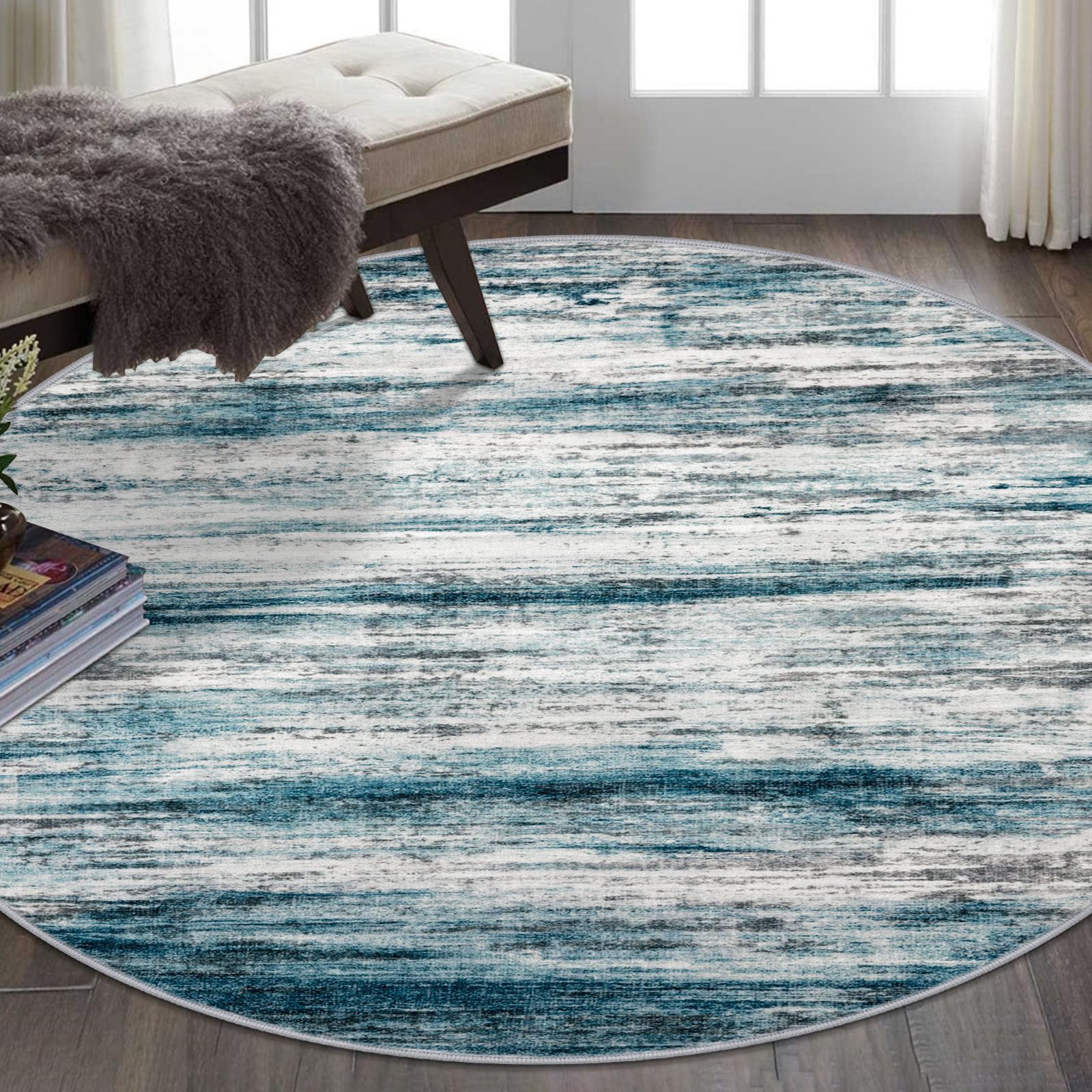 KOZYFLY Round Washable Rugs 6Ft Modern Abstract Ombre Rug for Bedroom, Washable Circle Rug Non-Slip Soft Striped Living Room Area Rug, Print Blue