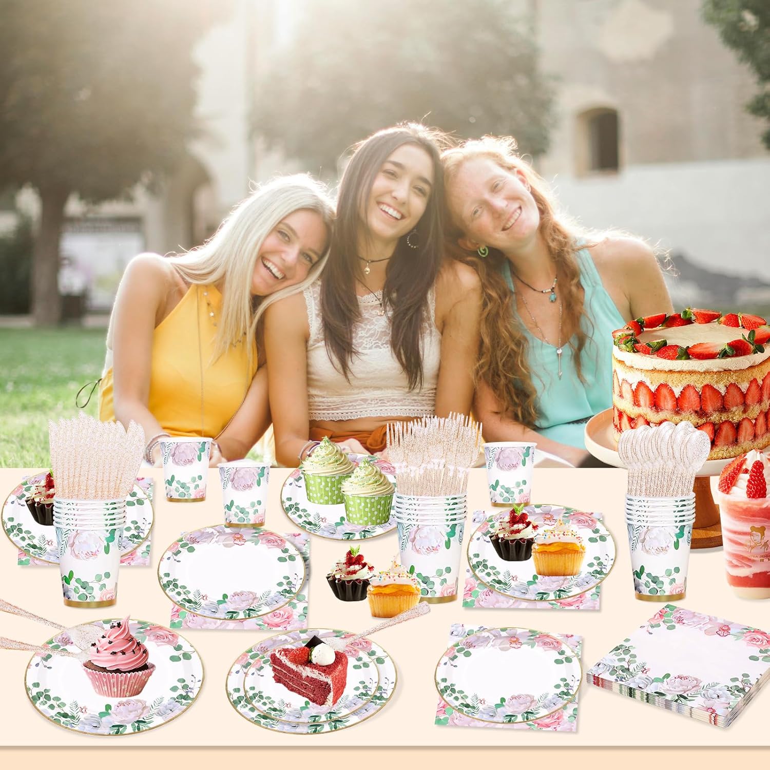 350 PCS Floral Plates and Napkins Party Supplies Serve 50 Flower Disposable Paper Dinnerware Sets for Adults Bridal Shower Decorations Baby Shower Birthday Wedding Engagement Tea