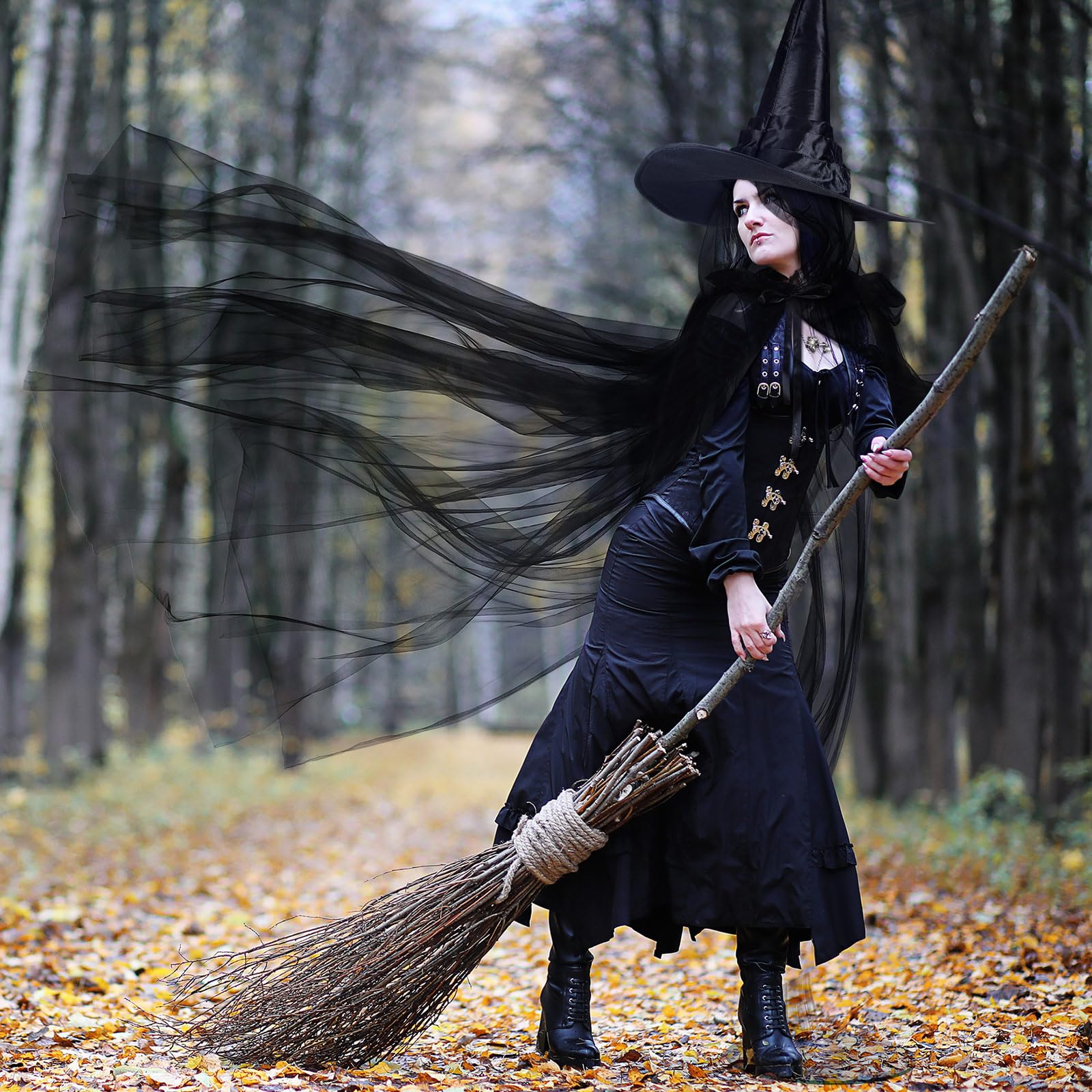 2 Pcs Halloween Witch Cape for Women Black Lace Cape Costumes Set Lace Cloak with Oversized Hood and Black Pointed Witch Hat for Women Cosplay Party Costume