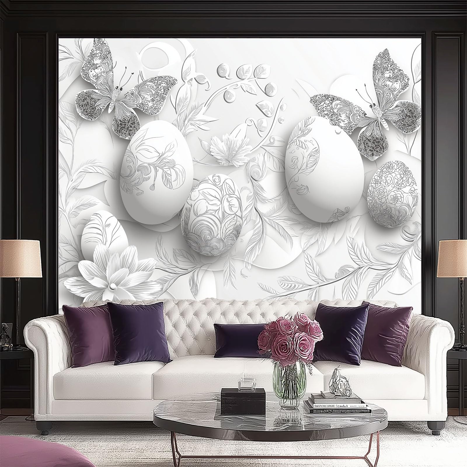 Tapeta Rośliny Motyle Pisanki Fototapety Włóknina, 350 x 256 cm Fototapety Dekoracja ścienna Tapeta Niestandardowa włóknina do salonu Sypialnia, Biały Srebrny