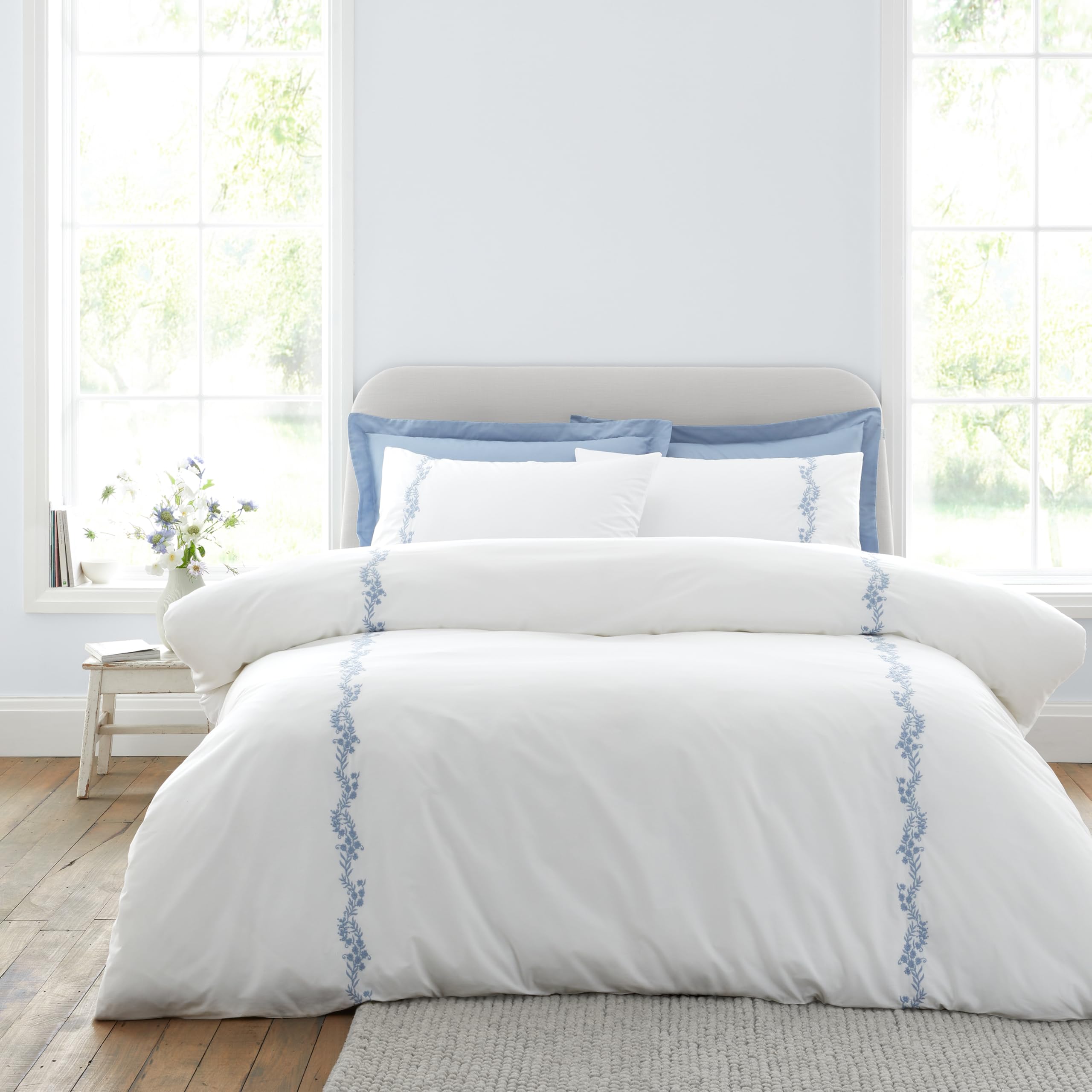 Bianca Camille Embroidered Floral 200 Thread Count Cotton Single Duvet Cover Set with Pillowcase White/Blue