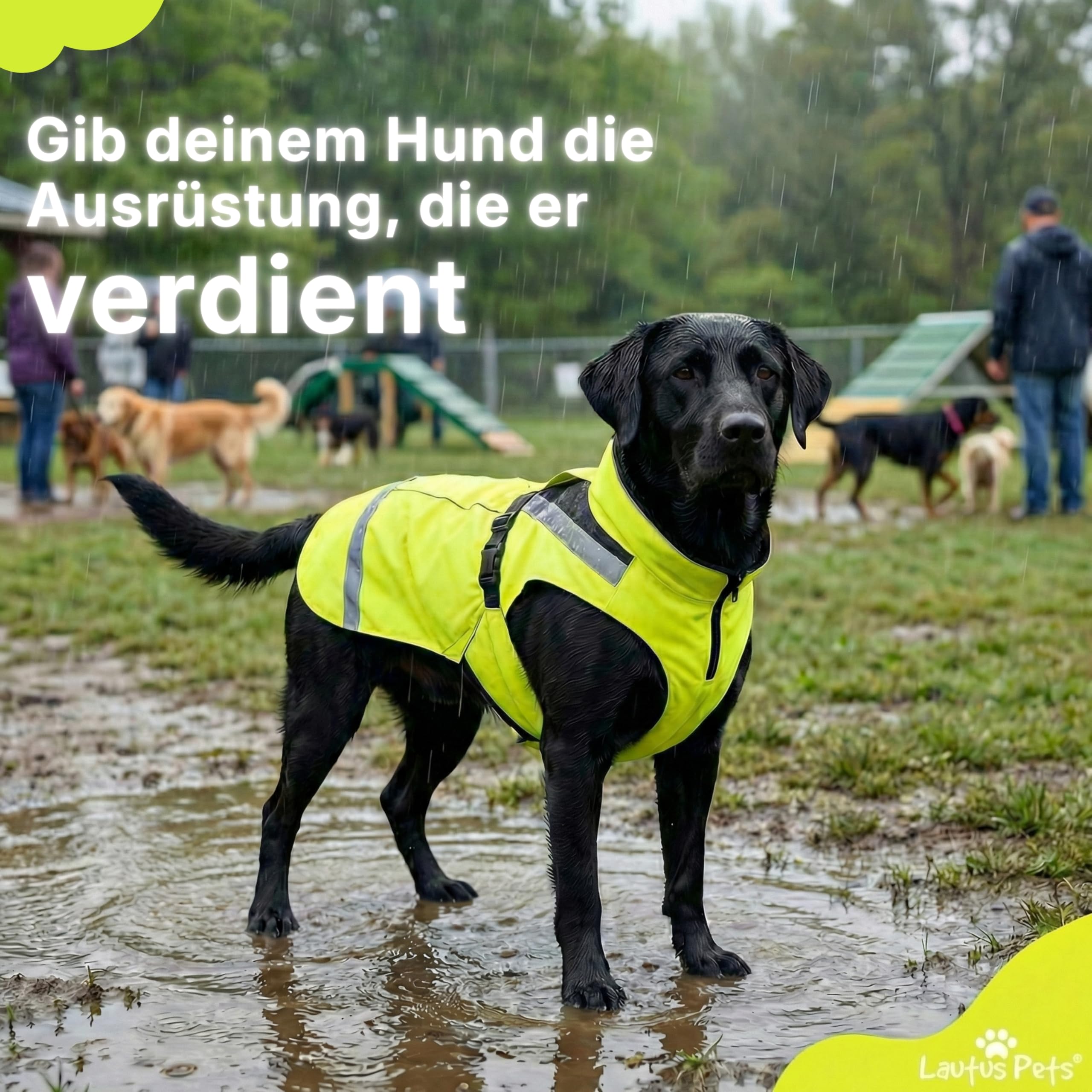 Wasserdichter Hunderegenmantel, reflektierenden Sicherheitsstreifen & Leinenöffnung – Leichte, Jacke für mittelgroße Hunde von Lautus Pets - XL, Gelb
