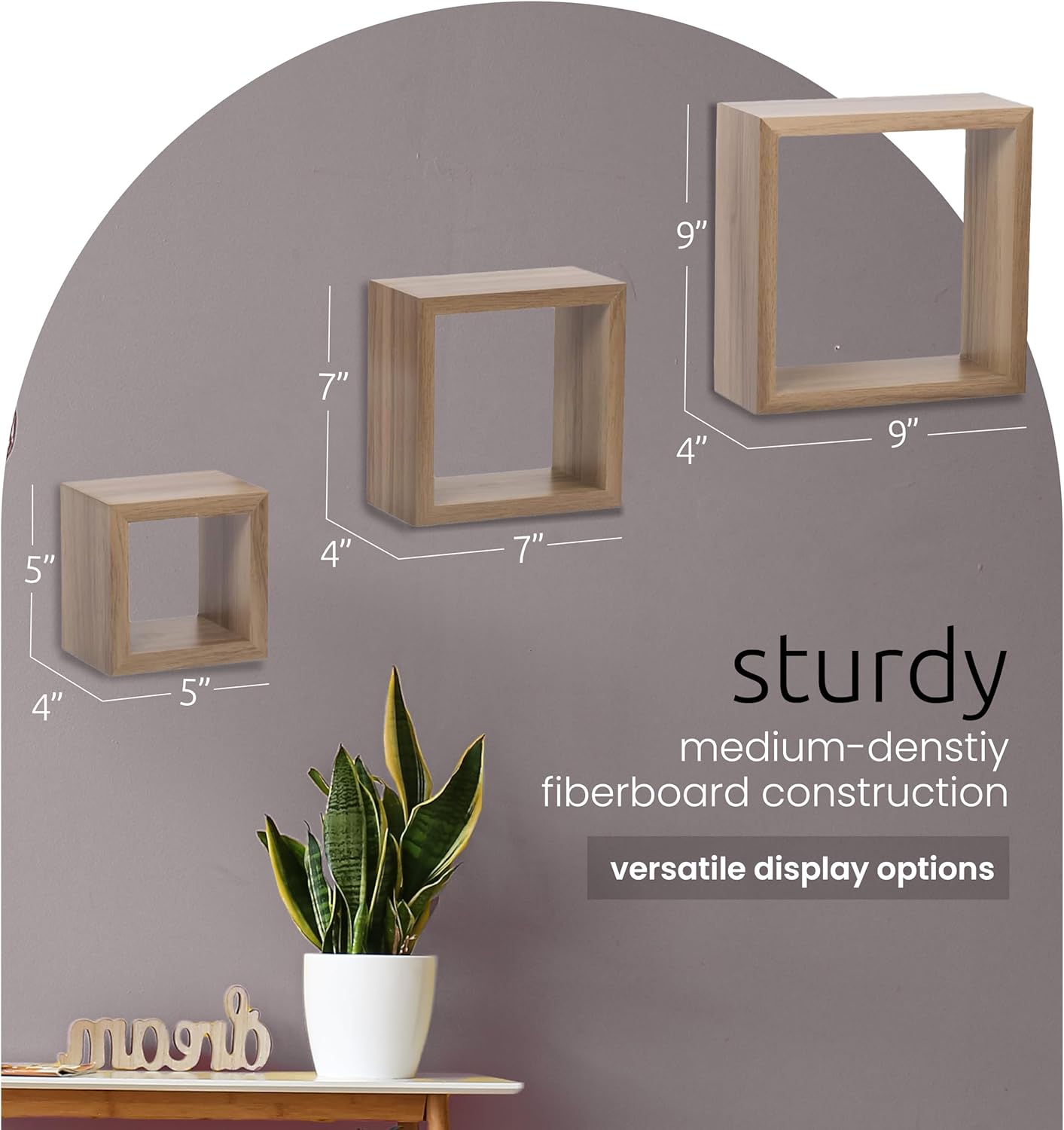 Kiera Grace Set of Three Cubbi Rustic & Timeless Decorative Engineered Wood Square Floating Wall Shelves for Home, Room, & Office, 5" / 7"/ 9", Brown