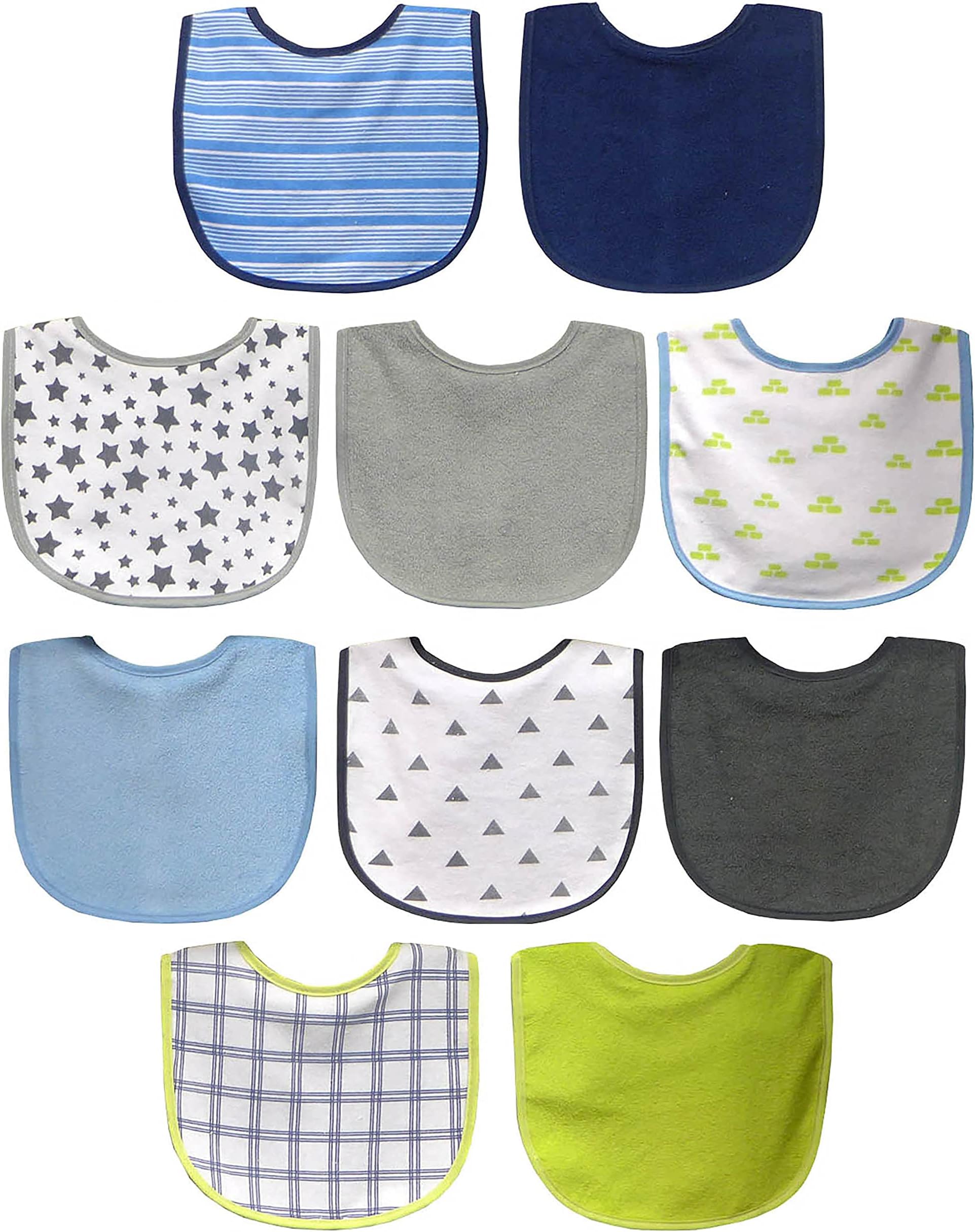 10 Pack Water Resistant Bib Set Blue/Grey Assorted, 10 Count, 0+ Months