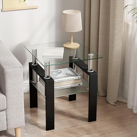 Modern Glass End Table 2-Tier Tempered Glass Top Corner Table for Living Room, Side Table with Metal Legs (Clear, 1pc)