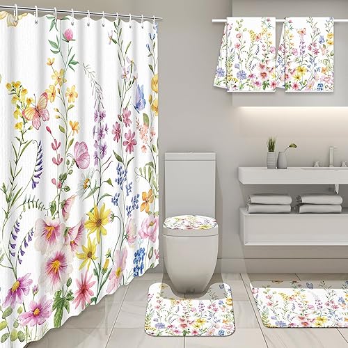 Vista 9 de Nuanchu Juego de 6 Piezas de Cortina de Ducha del Día de San Patricio con Alfombra, Juegos de Baño de Trébol Verde con Cortina de Ducha, Tapete