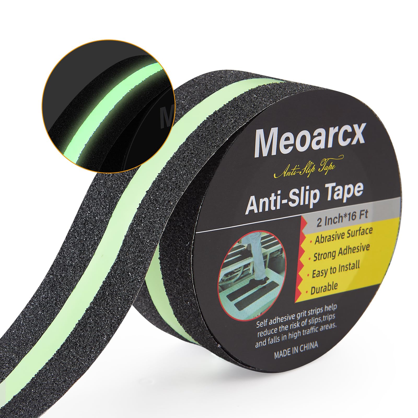 Meoarcx Anti Slip Traction Tape with Glow in Dark Green Stripe, 2 Inch x 16 Feet Waterproof Grip Tape, High Friction Abrasive Adhesive Non Slip Tape