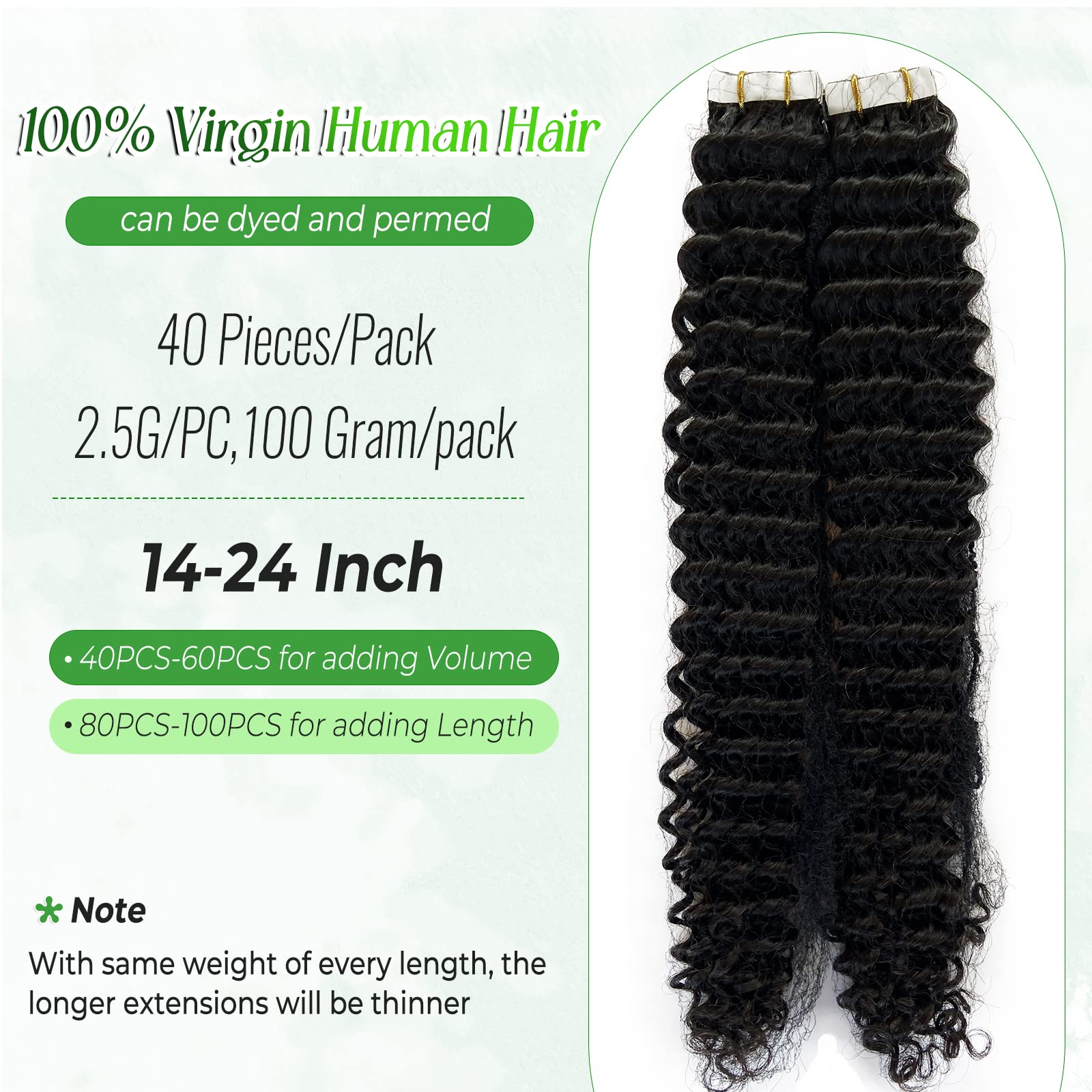 14 Inch Tape In Human Hair Extensions Afro Kinky Curly 40 Pieces Kinky Curly Clip In Hair Extensions for 3B-3C Human Hair main image 4