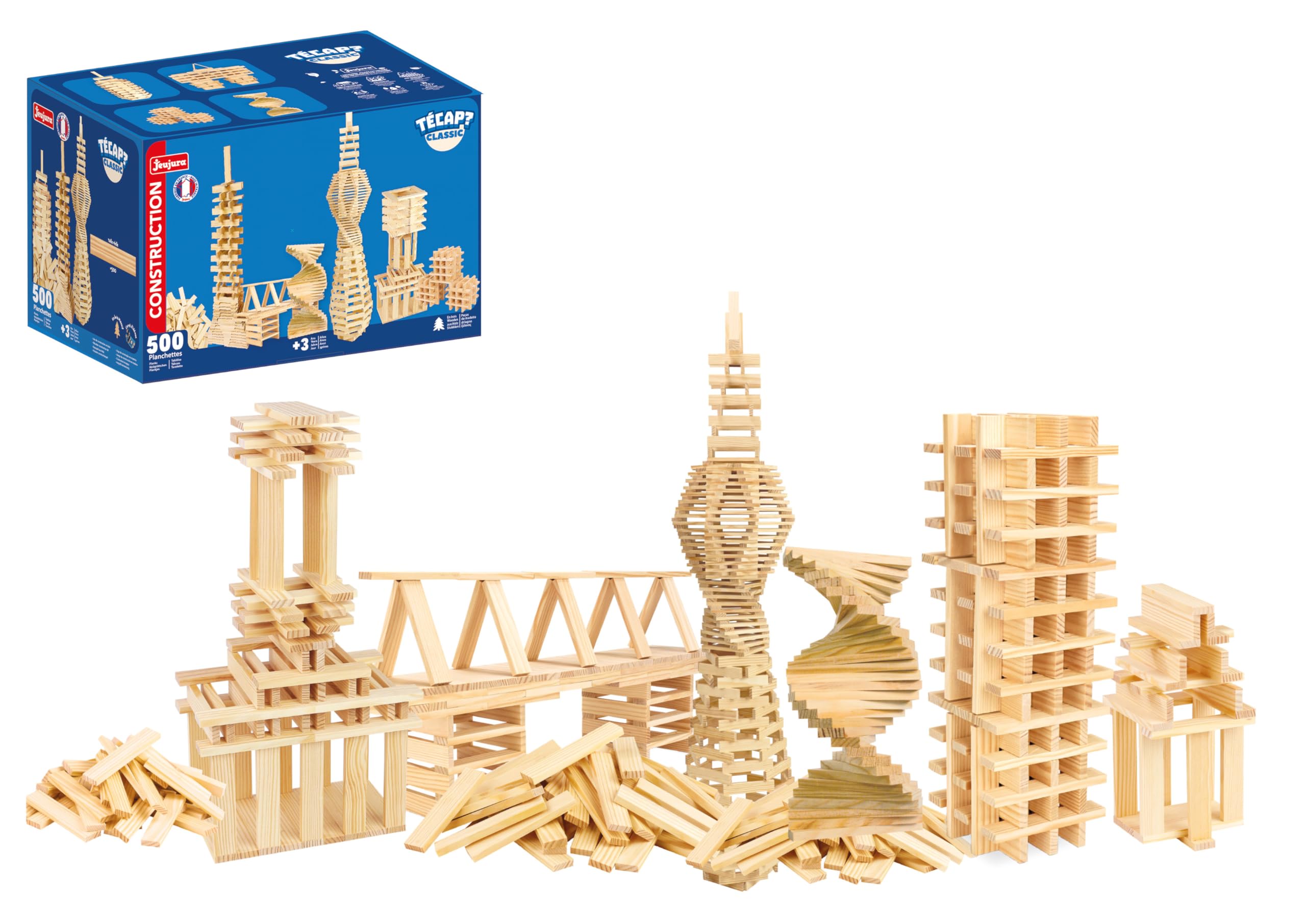 Jeujura - TECAP Classic - 500 Pièces - Jeu de Construction dès 3 Ans - 8305 | Planchettes en bois - Jeu d’équilibre créatif et imagination - Modèles Inclus - Idée cadeau enfant - Fabriqué en France
