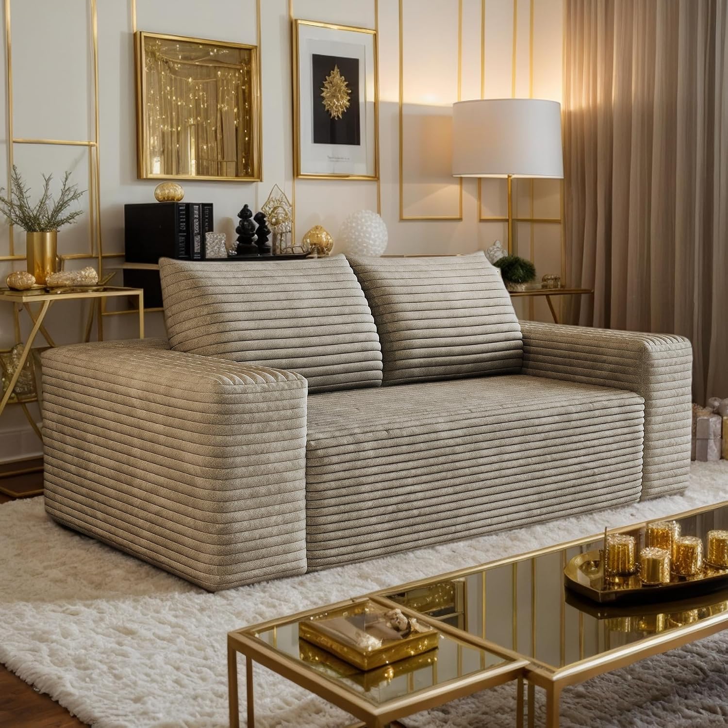 63" Corduroy Boneless Couch, 2-Seater Compression Sofa with 2 Throw Pillows, No Assembly Required, Comfy Loveseat Sofa in a Box, Modern Couches for Living Room (Camel, 63 inch) | Breathable Material, Compression, Ultra-Soft, Deep Seat
