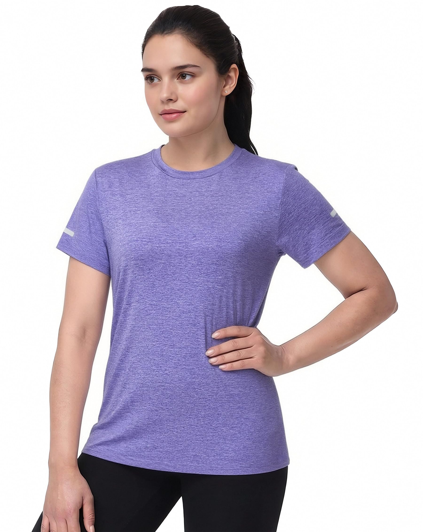 Tyhengta Damen Leichtes Sportshirt Schnell Trocknend Kurzarm Rundhals für Laufen Fitness Training mit Reflektierenden Streifen und UPF50+ Sonnenschutz