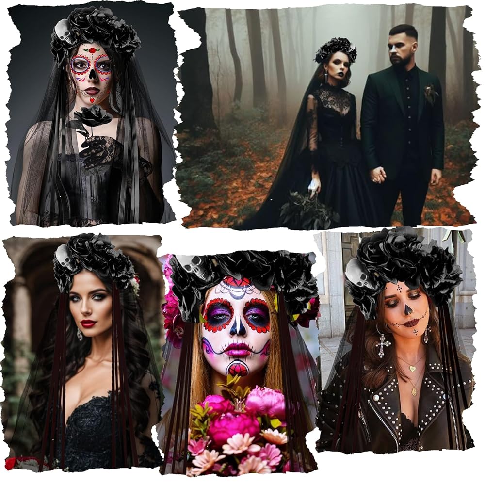 Fascia Messicana Giorno Dei Morti Con Rose, Guanti E Tatuaggi - Accessorio Halloween - Foto 4