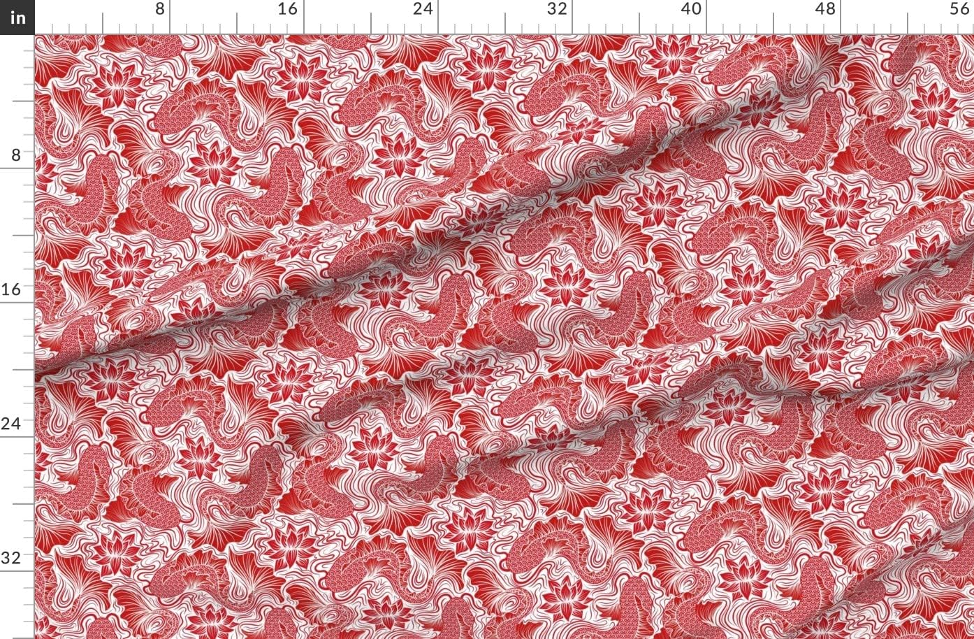 Spoonflower Fabric - Fish Koi Water Pond Lotus Carp Asian Red Japanese Printed on Organic Cotton Sateen Fabric by The Yard - Sewing Quilting Apparel Home Decor