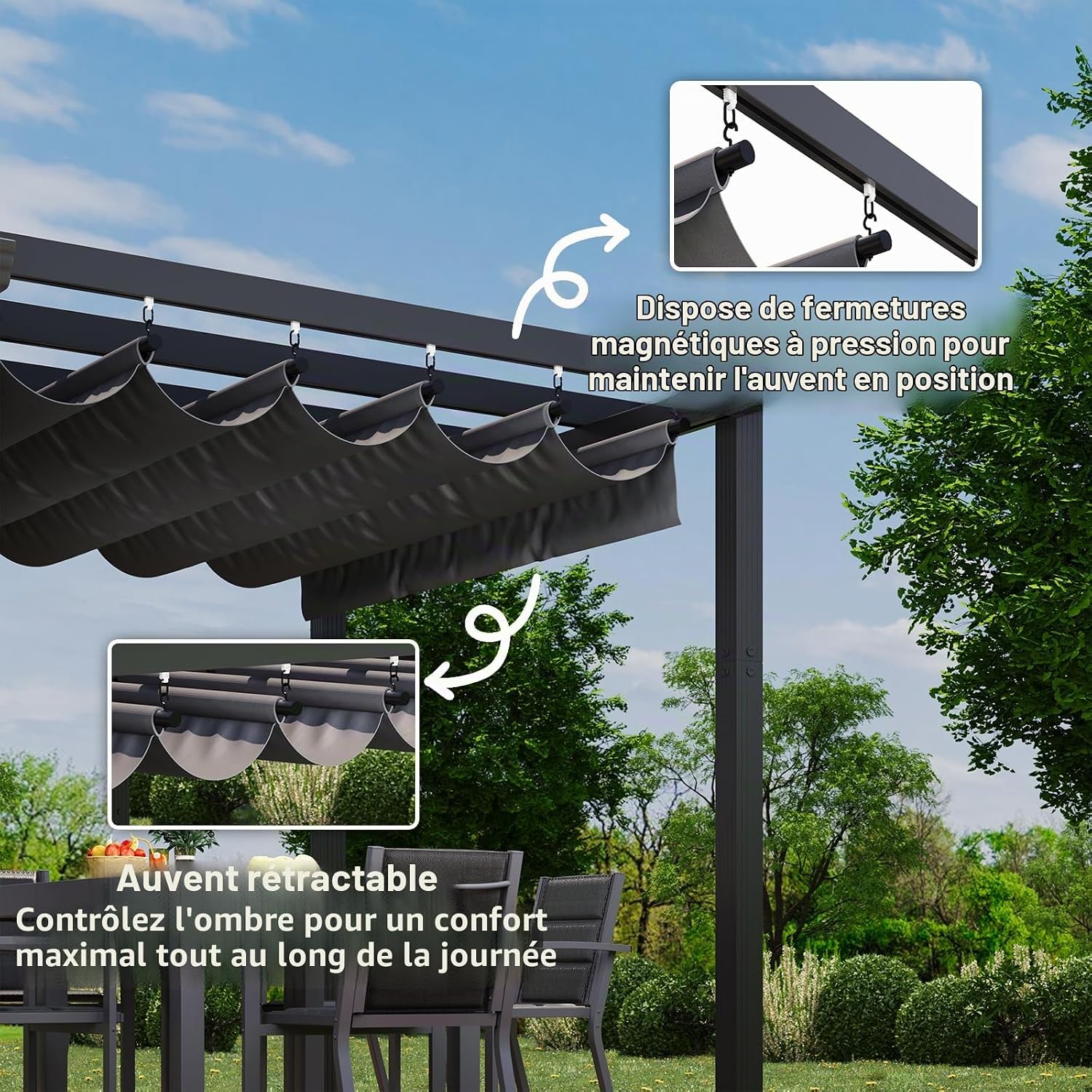 JUMMICO pergola retractable awning mechanism with magnetic closures
