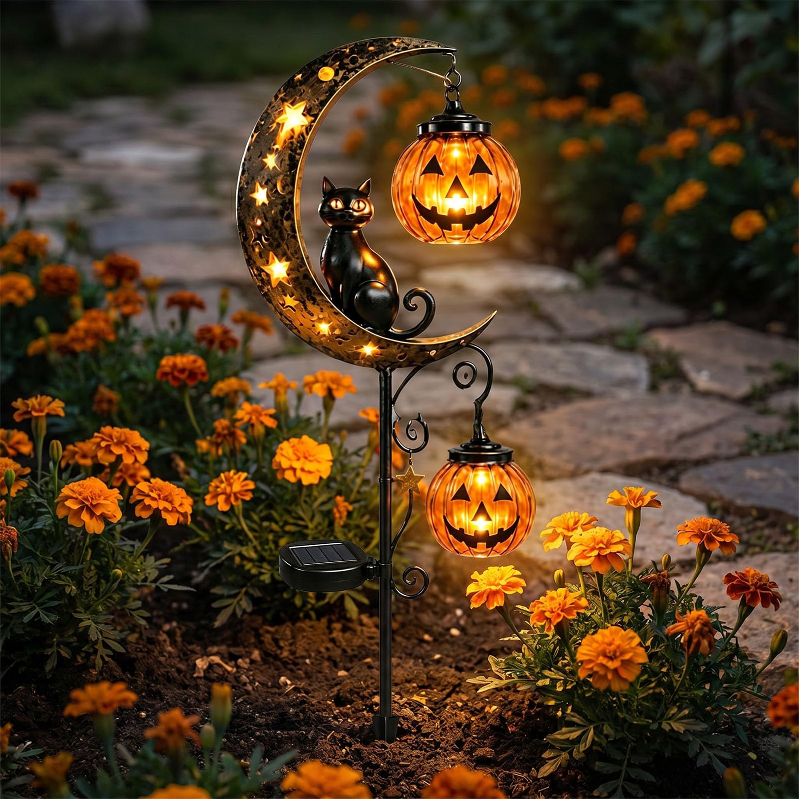 Solar Halloween Black Cat Garden Stake Light, Outdoor Waterproof Cat & Pumpkin Moon Solar Light, Hanging Jack-o'-Lantern Lantern for Patio, Yard, Lawn, Pathway, Walkway