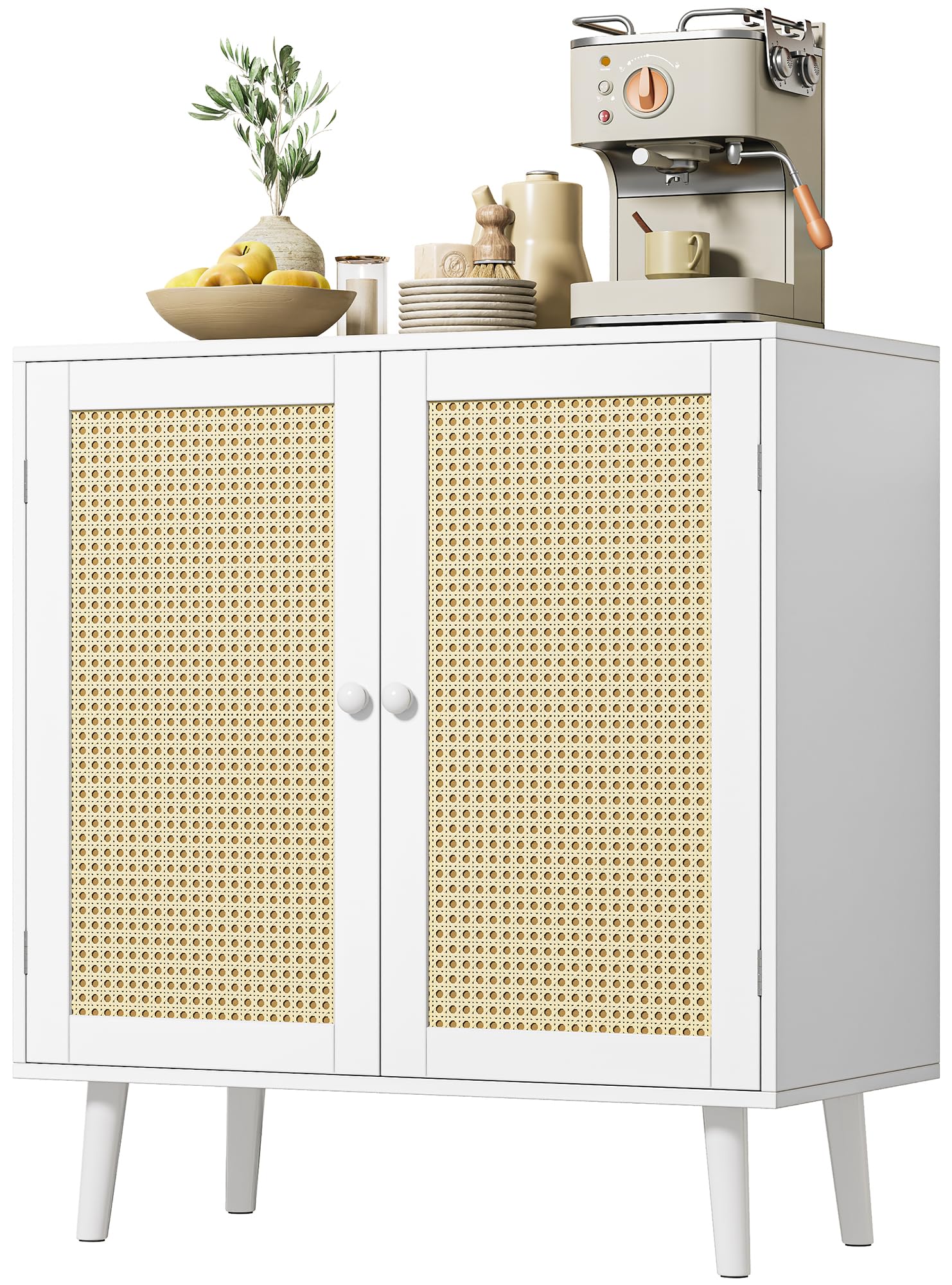 Huuger Buffet Cabinet with Storage, Storage Cabinet with PE Rattan Decor Doors, Accent Cabinet with Solid Wood Feet, Sideboard Cabinet for Hallway, Entry, Living Room, White