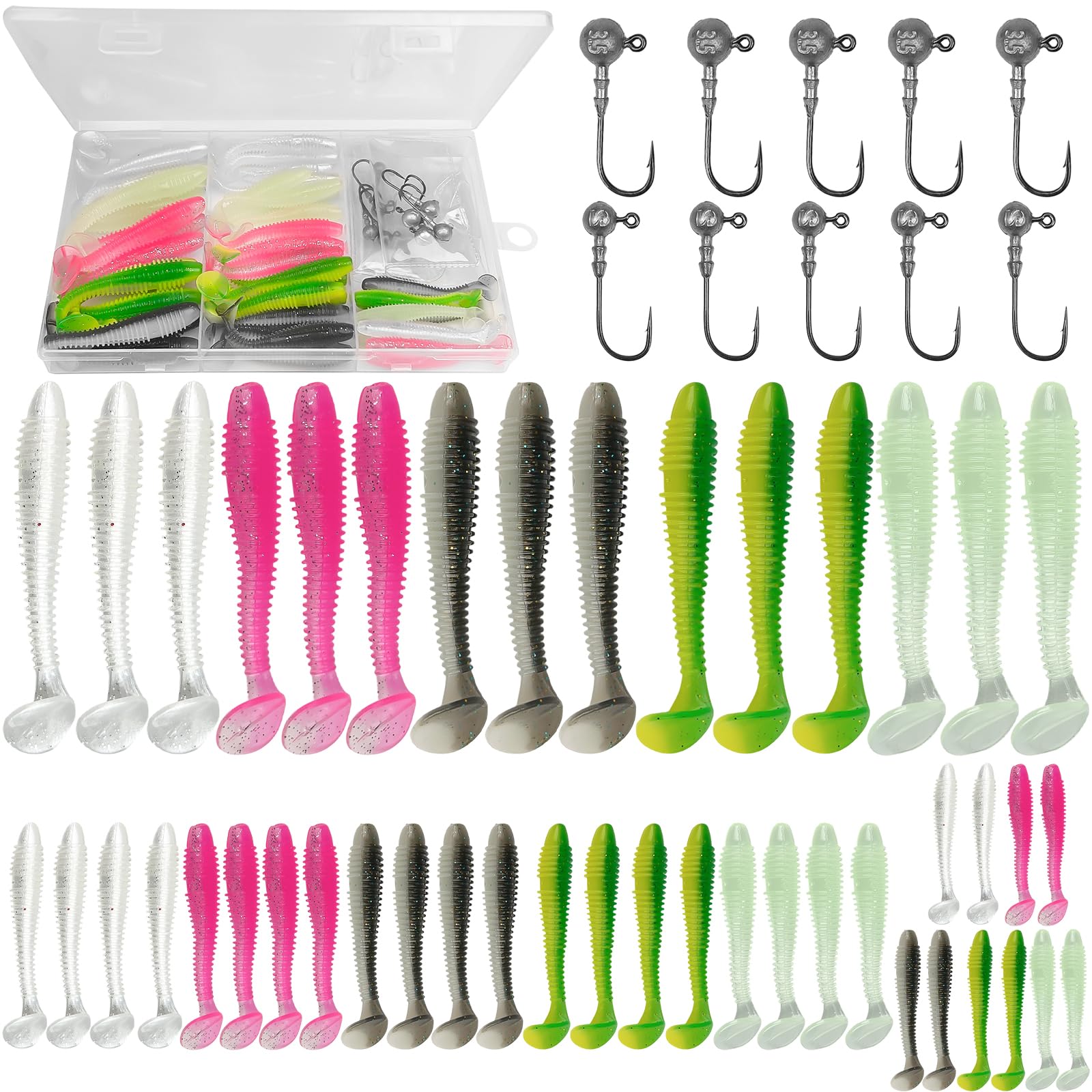 45 señuelos de pesca blandos y 10 cabezas triangulares para la pesca con spinning, 5,5 cm+6,5 cm+7,5 cm, cebo de pesca, cebo flotante, goma con cabeza y caja de plástico, 5 colores