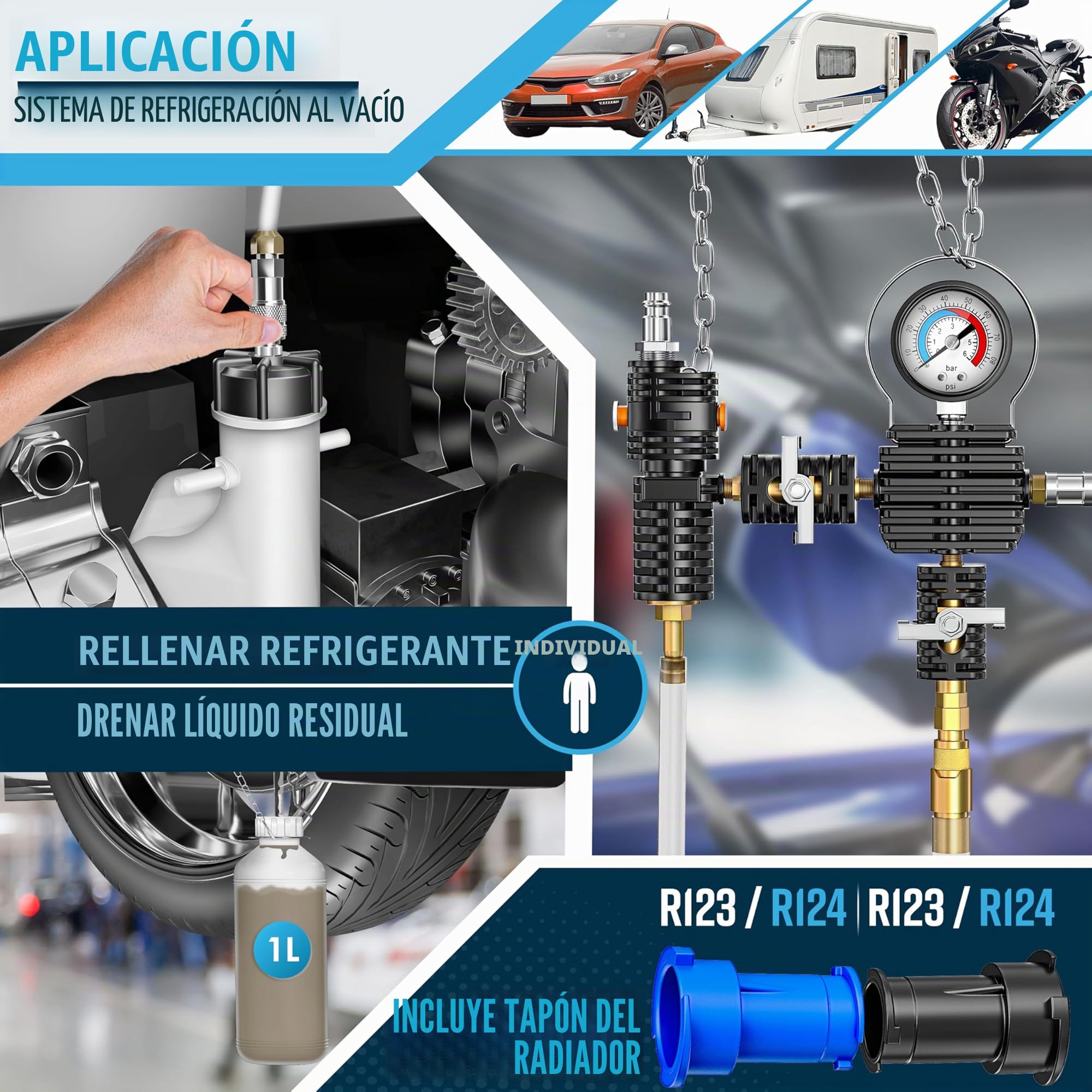 MASKO® Comprobador de sistema de refrigeración y dispositivo de purga | Comprobador de presión del radiador, dispositivo de purga de 28 piezas, incluye adaptador de radiador universal, bomba de vacío
