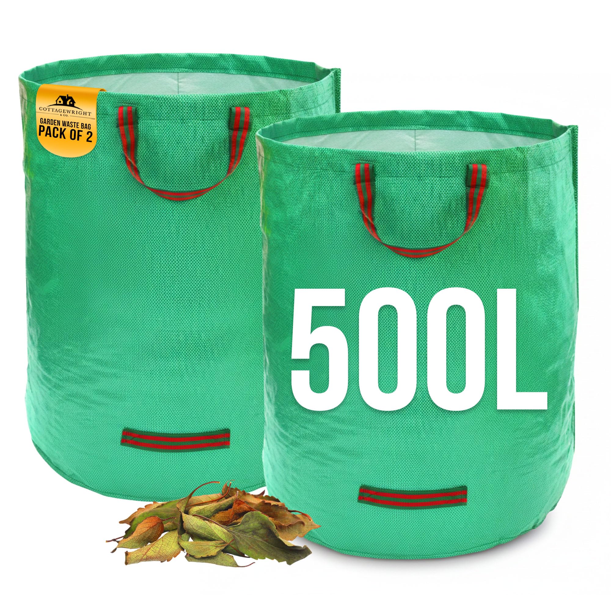 Cottagewright Pack Of 2 - 500L Garden Bags Heavy Duty With Handles - Reusable Garden Waste Bags Heavy Duty For Plant, Grass, Dirt, Leaves Collection, Waste Bags Reusable (Pack Of 2, 500L)